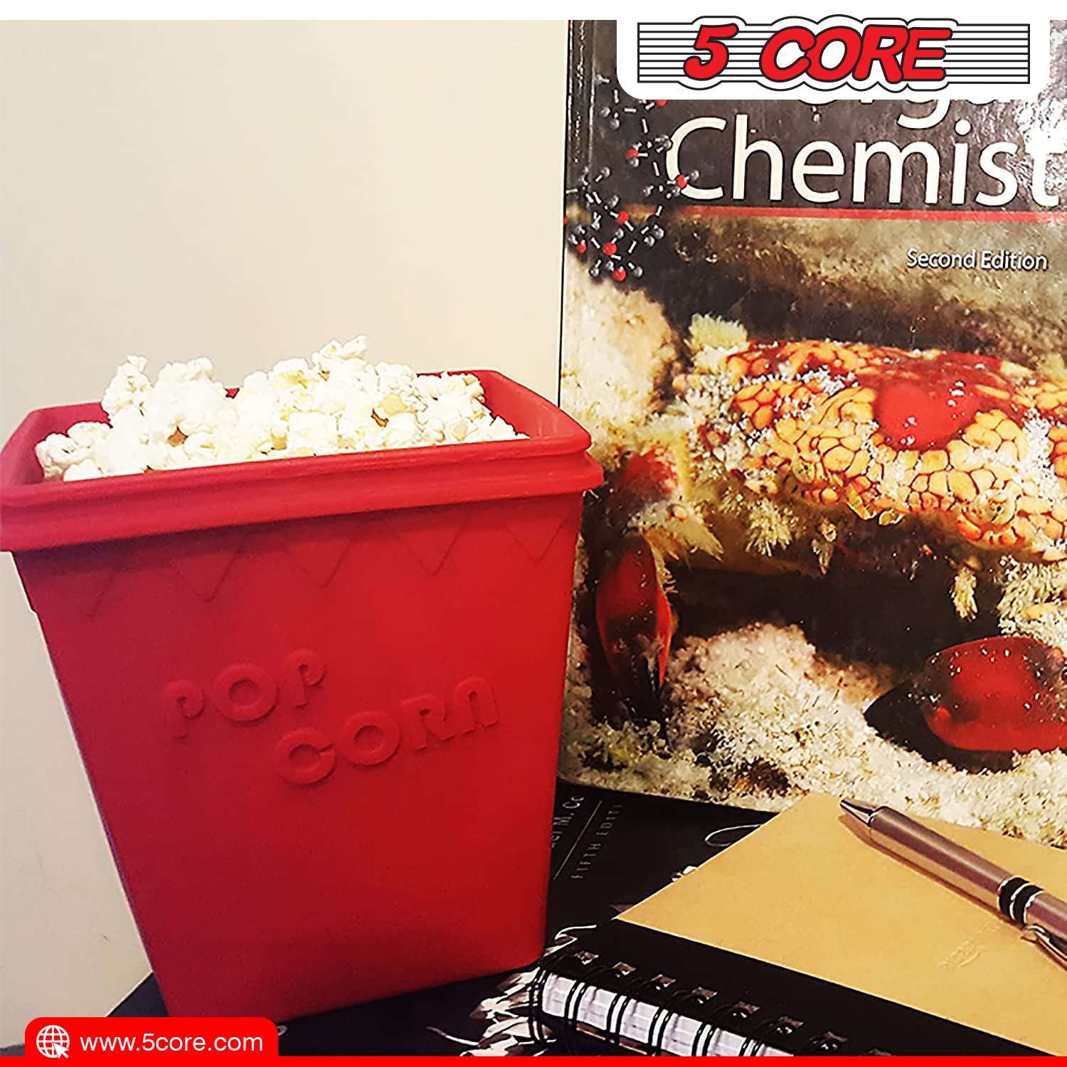 5Core Silicone Popcorn Maker Bowl in red, showcasing its large capacity and BPA-free silicone material, perfect for microwave popcorn.