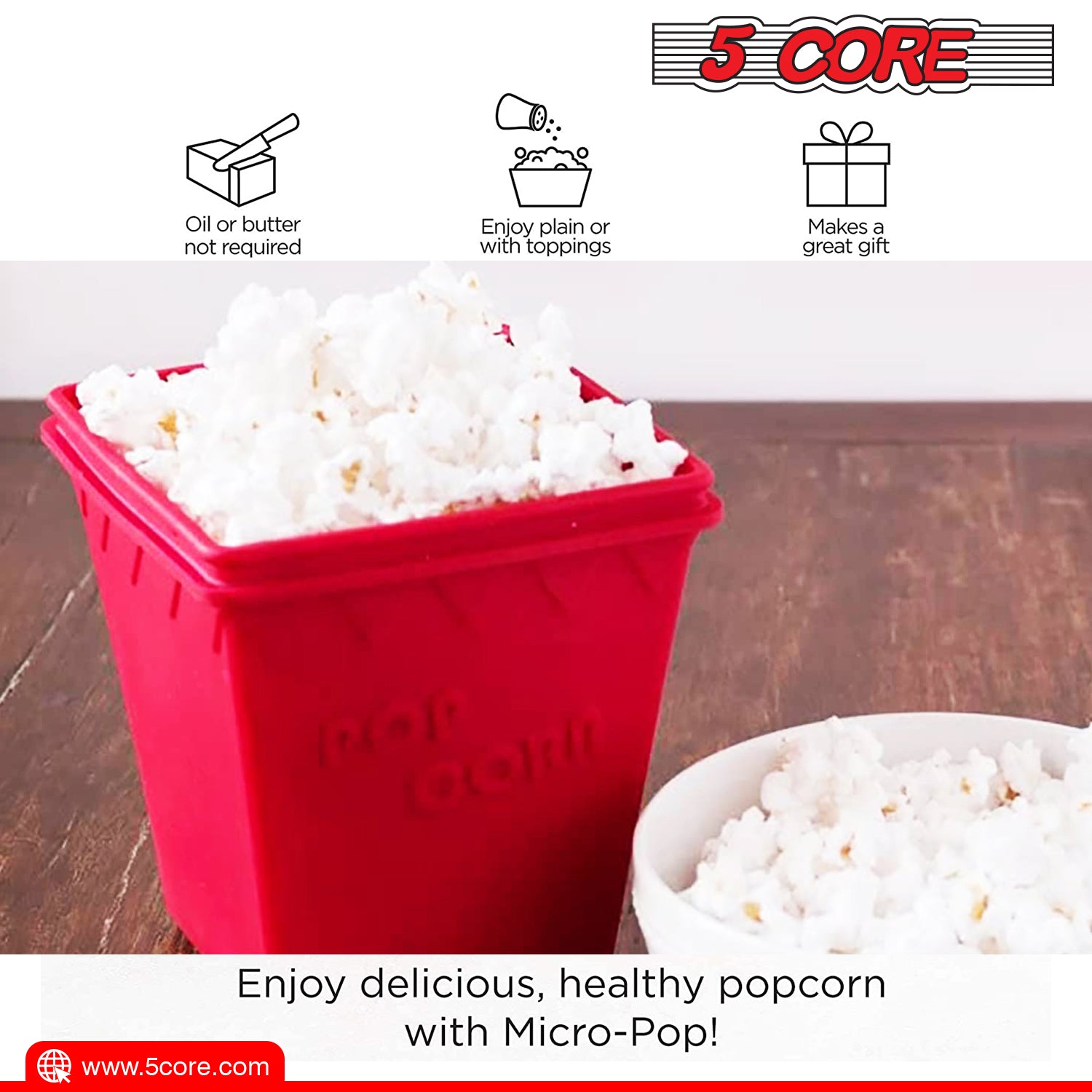 5Core Silicone Popcorn Maker Bowl in red, showcasing its large capacity and BPA-free silicone material, perfect for microwave popcorn.