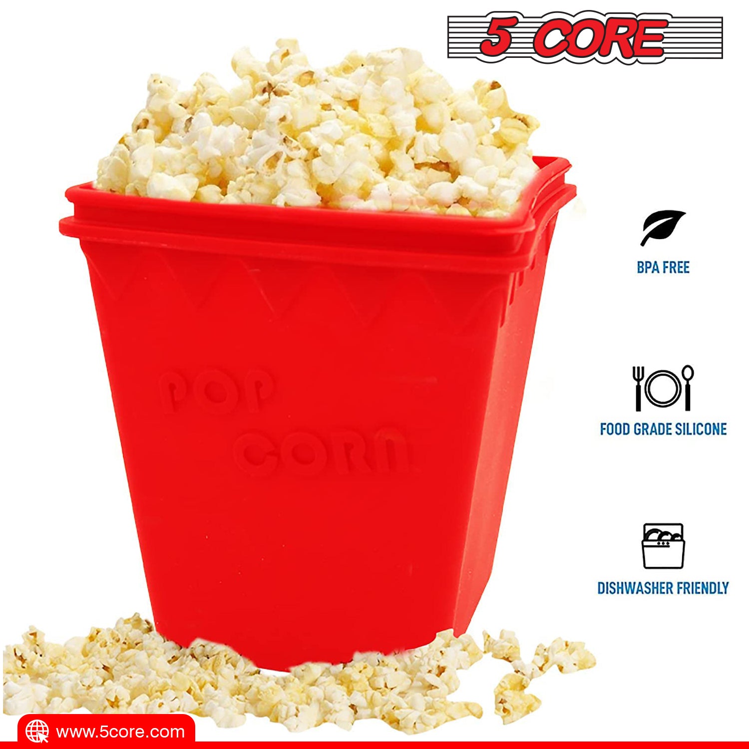 5Core Silicone Popcorn Maker Bowl in red, showcasing its large capacity and BPA-free silicone material, perfect for microwave popcorn.