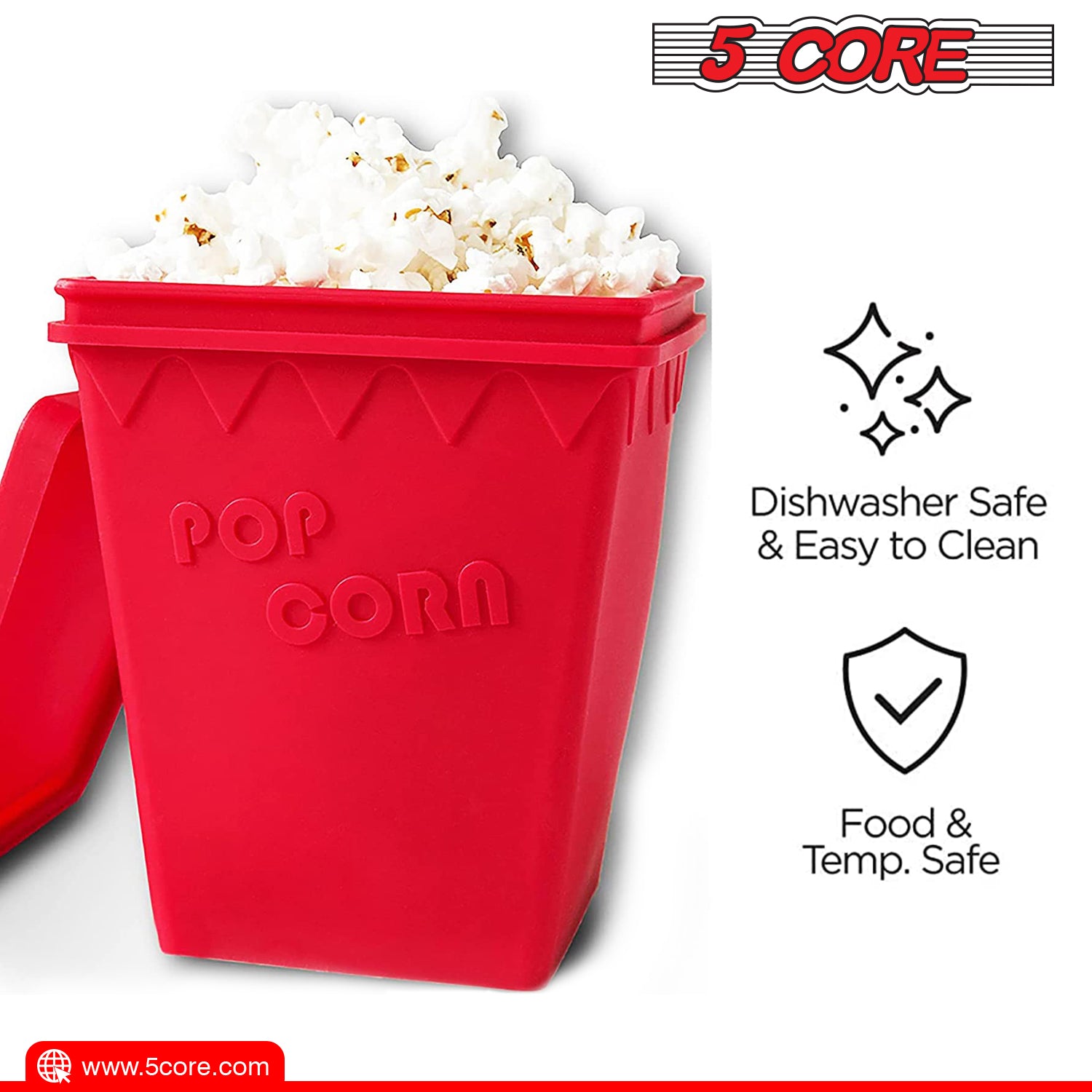 5Core Silicone Popcorn Maker Bowl in red, showcasing its large capacity and BPA-free silicone material, perfect for microwave popcorn.