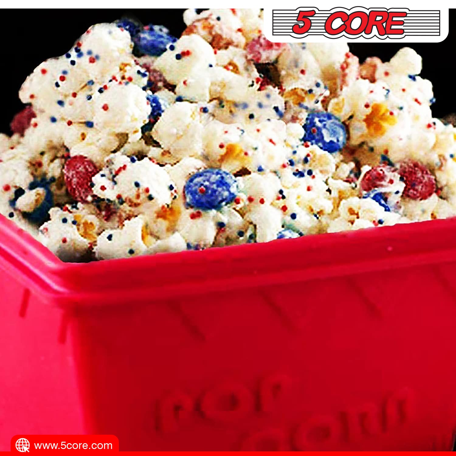 5Core Silicone Popcorn Maker Bowl in red, showcasing its large capacity and BPA-free silicone material, perfect for microwave popcorn.