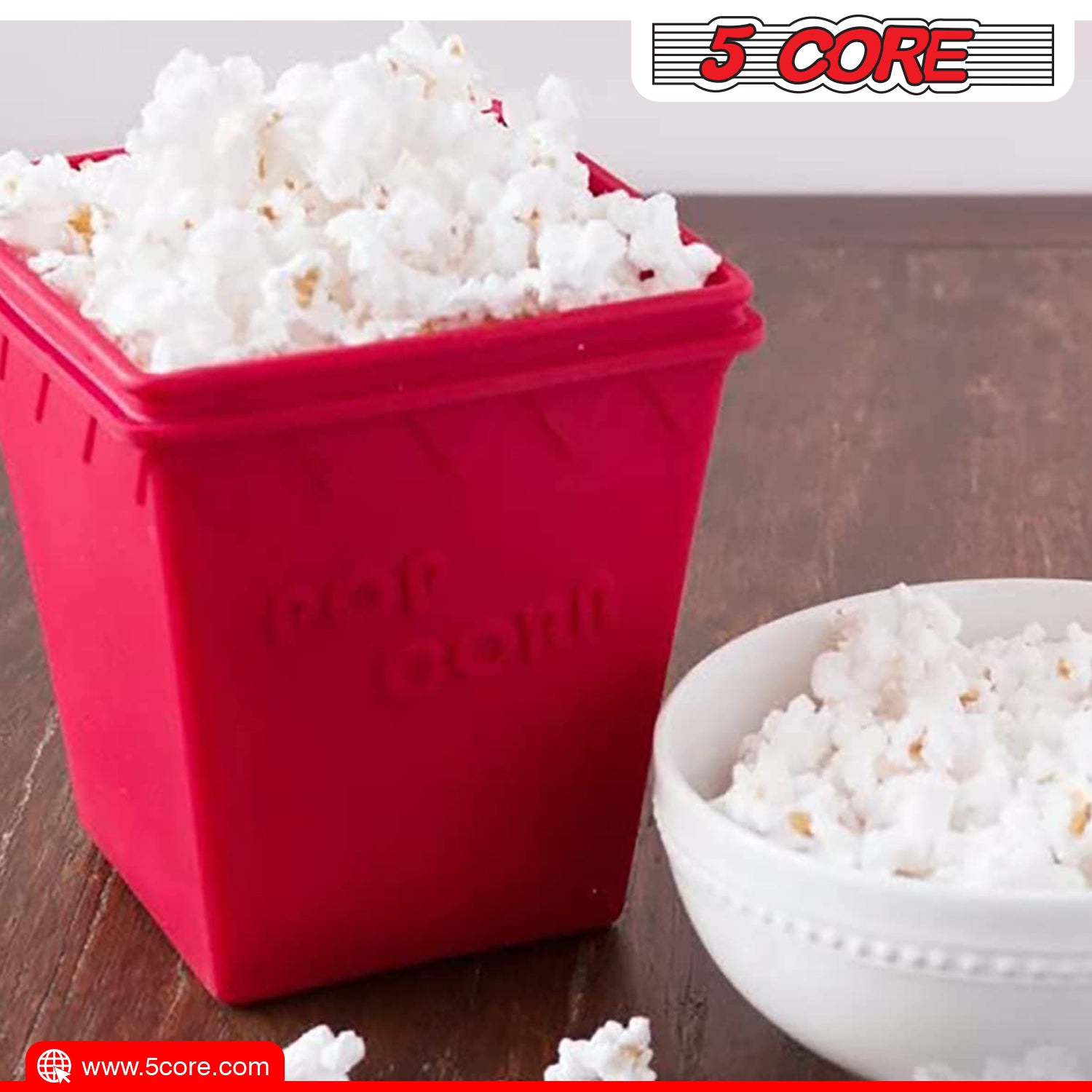 5Core Silicone Popcorn Maker Bowl in red, showcasing its large capacity and BPA-free silicone material, perfect for microwave popcorn.