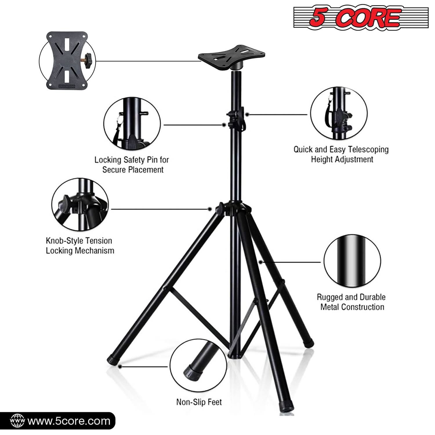 5Core Speaker Stand Tripod, adjustable height from 29 to 60 inches, sturdy metal construction, designed for DJs and studio monitors.
