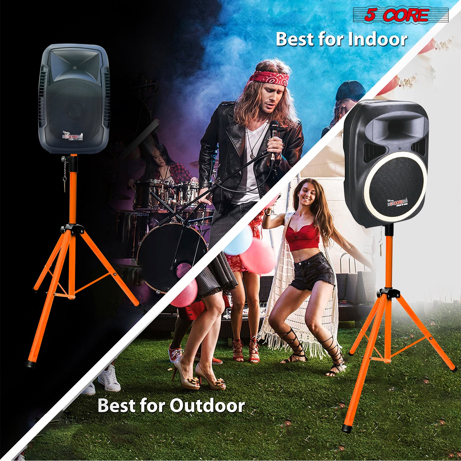 5Core Speaker Stand Tripod, adjustable height from 29 to 60 inches, sturdy metal construction, designed for DJs and studio monitors.