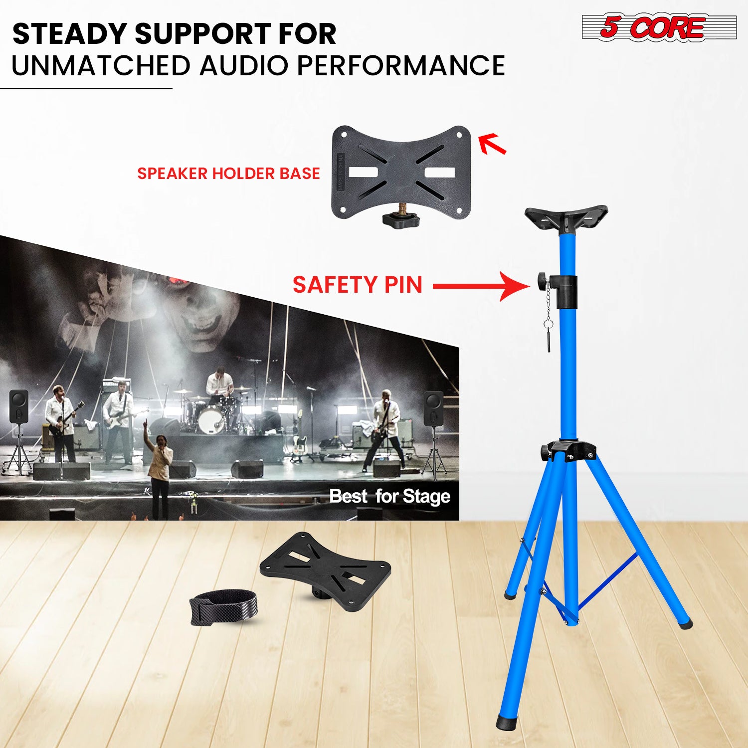 5Core Speaker Stand Tripod, adjustable height from 29 to 60 inches, sturdy metal construction, designed for DJs and studio monitors.