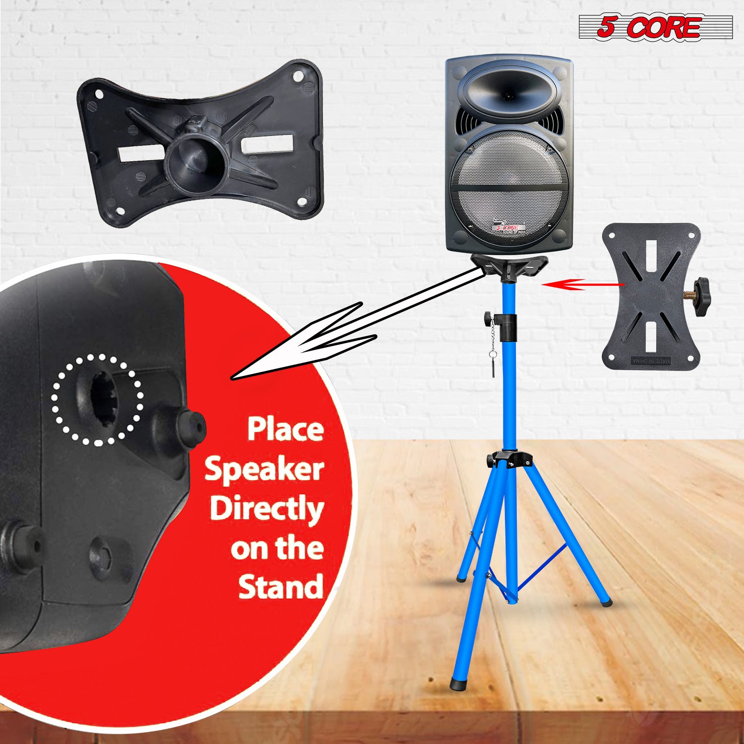 5Core Speaker Stand Tripod, adjustable height from 29 to 60 inches, sturdy metal construction, designed for DJs and studio monitors.