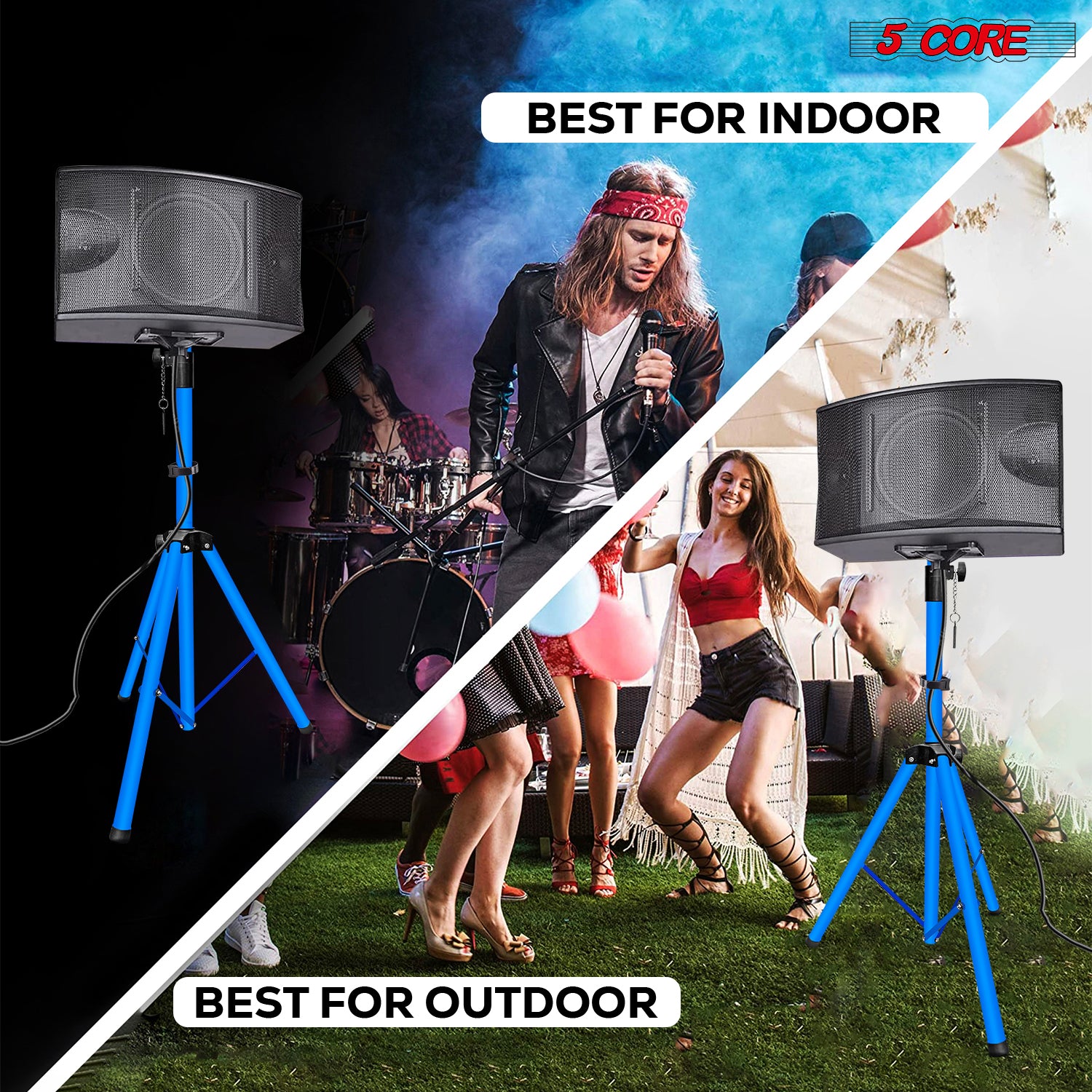 5Core Speaker Stand Tripod, adjustable height from 29 to 60 inches, sturdy metal construction, designed for DJs and studio monitors.