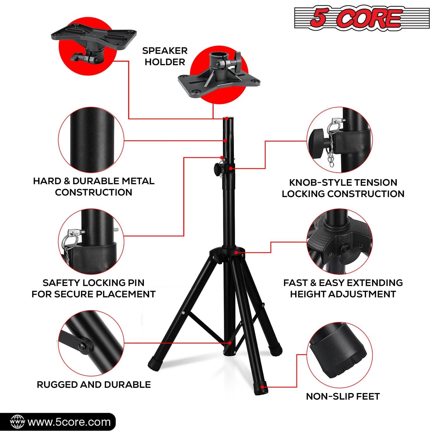 5Core Speaker Stand Tripod, adjustable height from 29 to 60 inches, sturdy metal construction, designed for DJs and studio monitors.