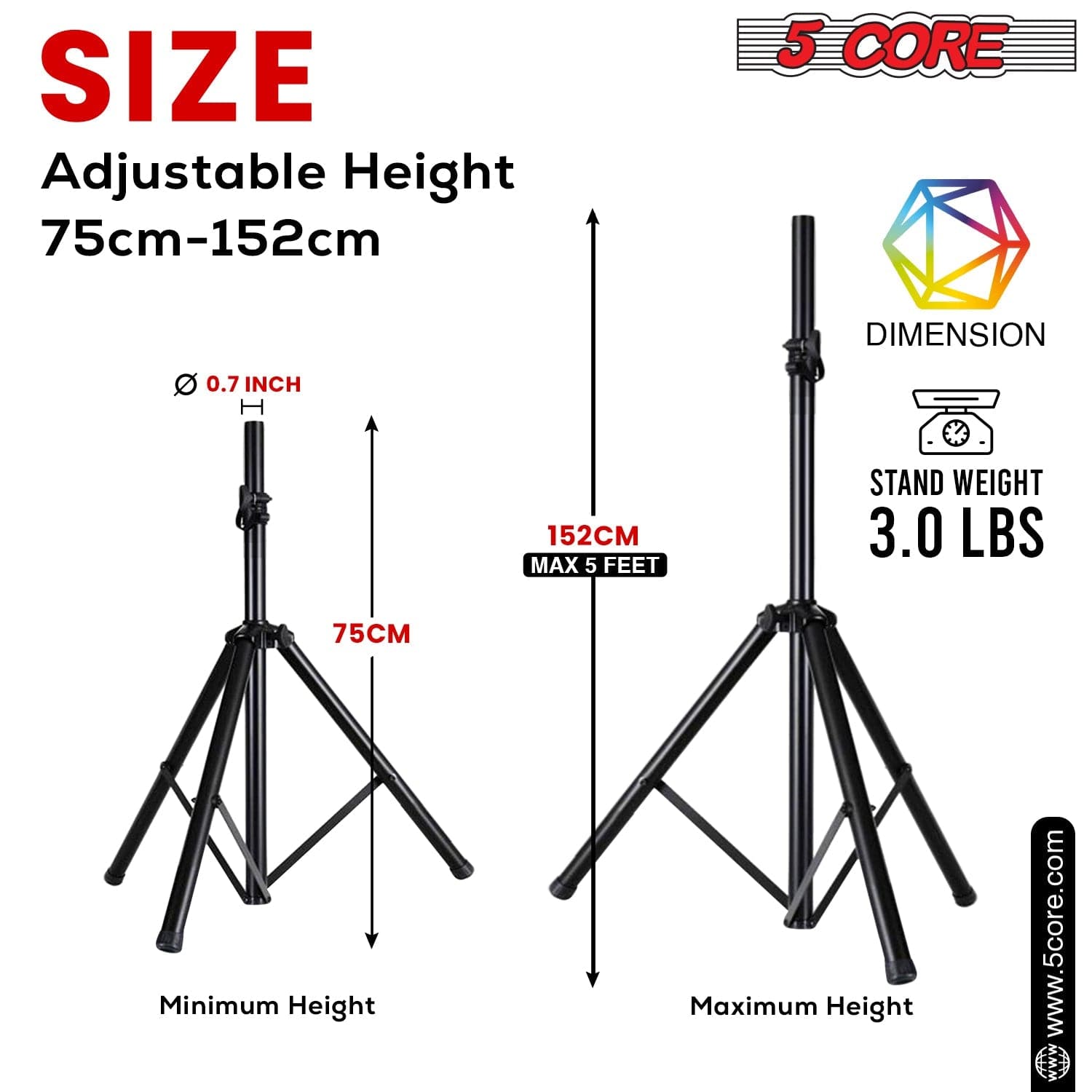 5Core Speaker Stand Tripod, adjustable height from 29 to 60 inches, sturdy metal construction, designed for DJs and studio monitors.