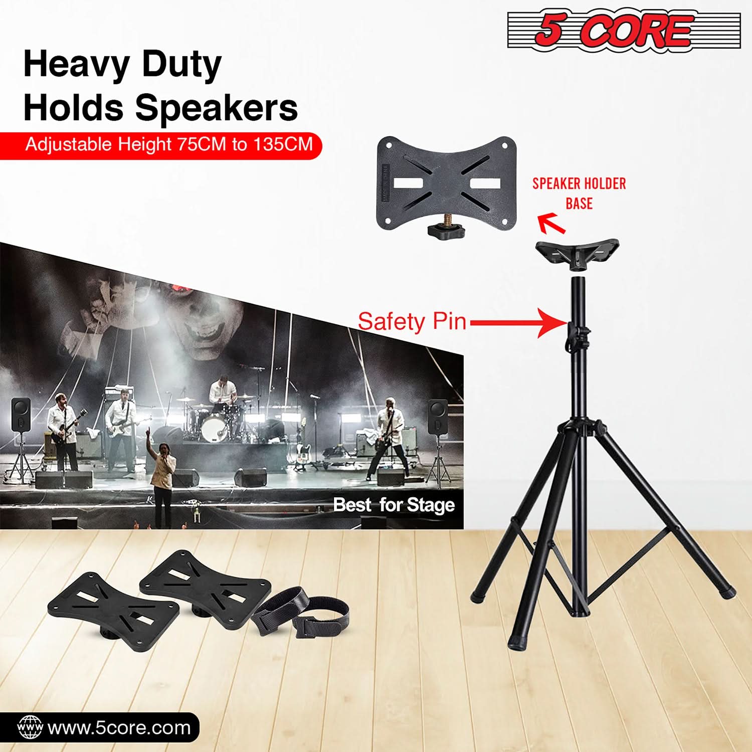 5Core Speaker Stand Tripod, adjustable height from 29 to 60 inches, sturdy metal construction, designed for DJs and studio monitors.