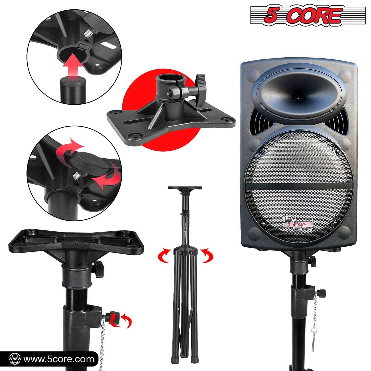 5Core Speaker Stand Tripod, adjustable height from 29 to 60 inches, sturdy metal construction, designed for DJs and studio monitors.