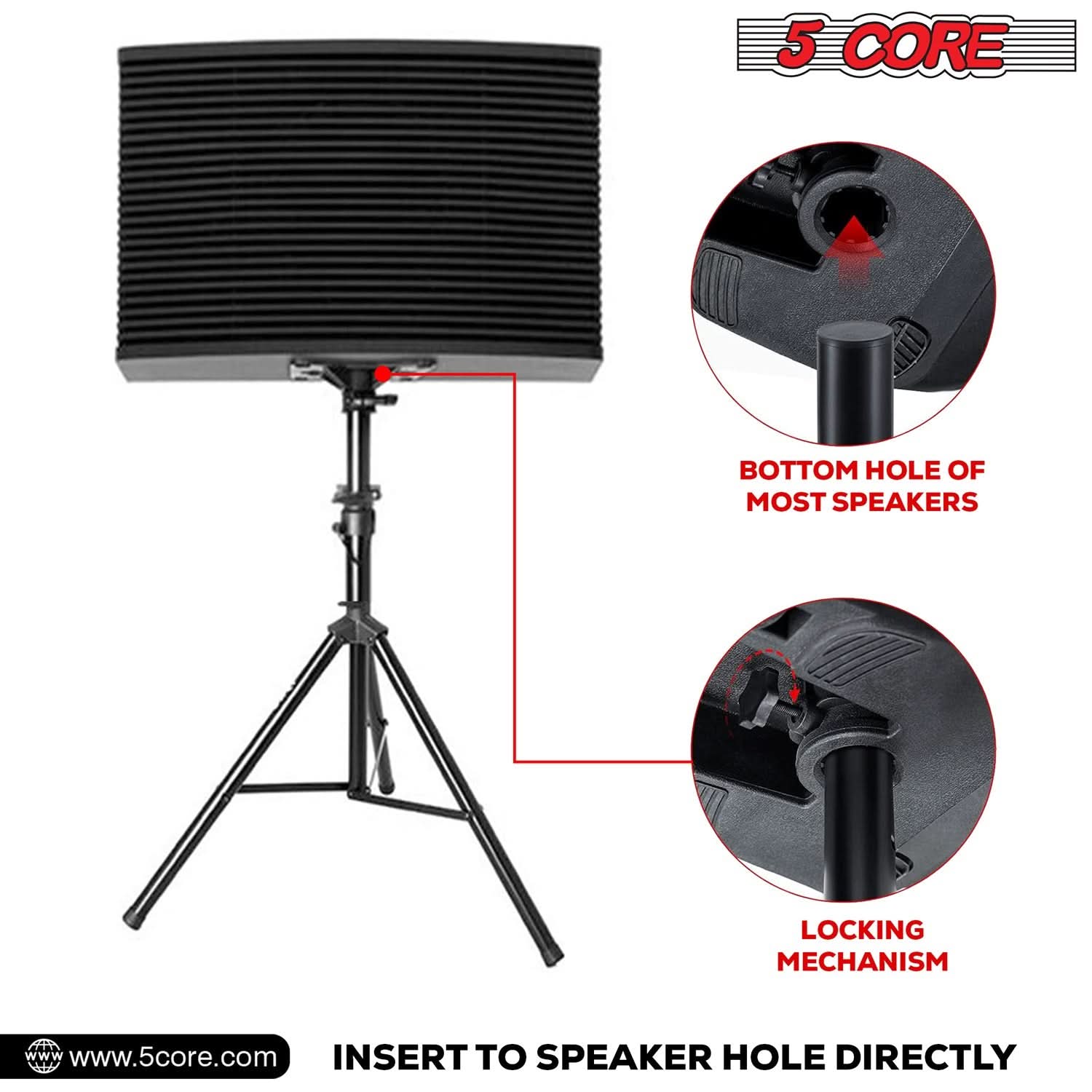 5Core Speaker Stand Tripod, adjustable height from 29 to 60 inches, sturdy metal construction, designed for DJs and studio monitors.