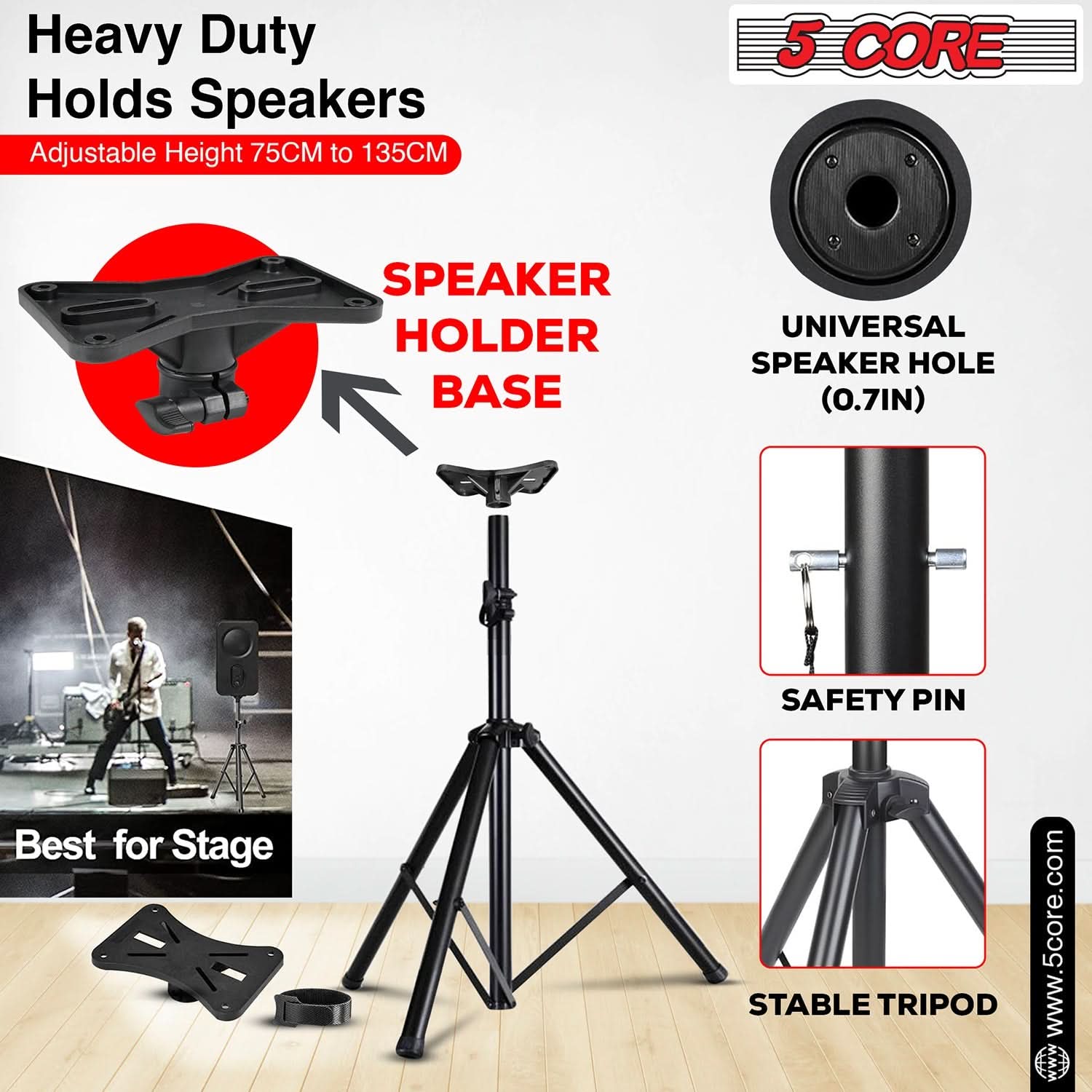 5Core Speaker Stand Tripod, adjustable height from 29 to 60 inches, sturdy metal construction, designed for DJs and studio monitors.