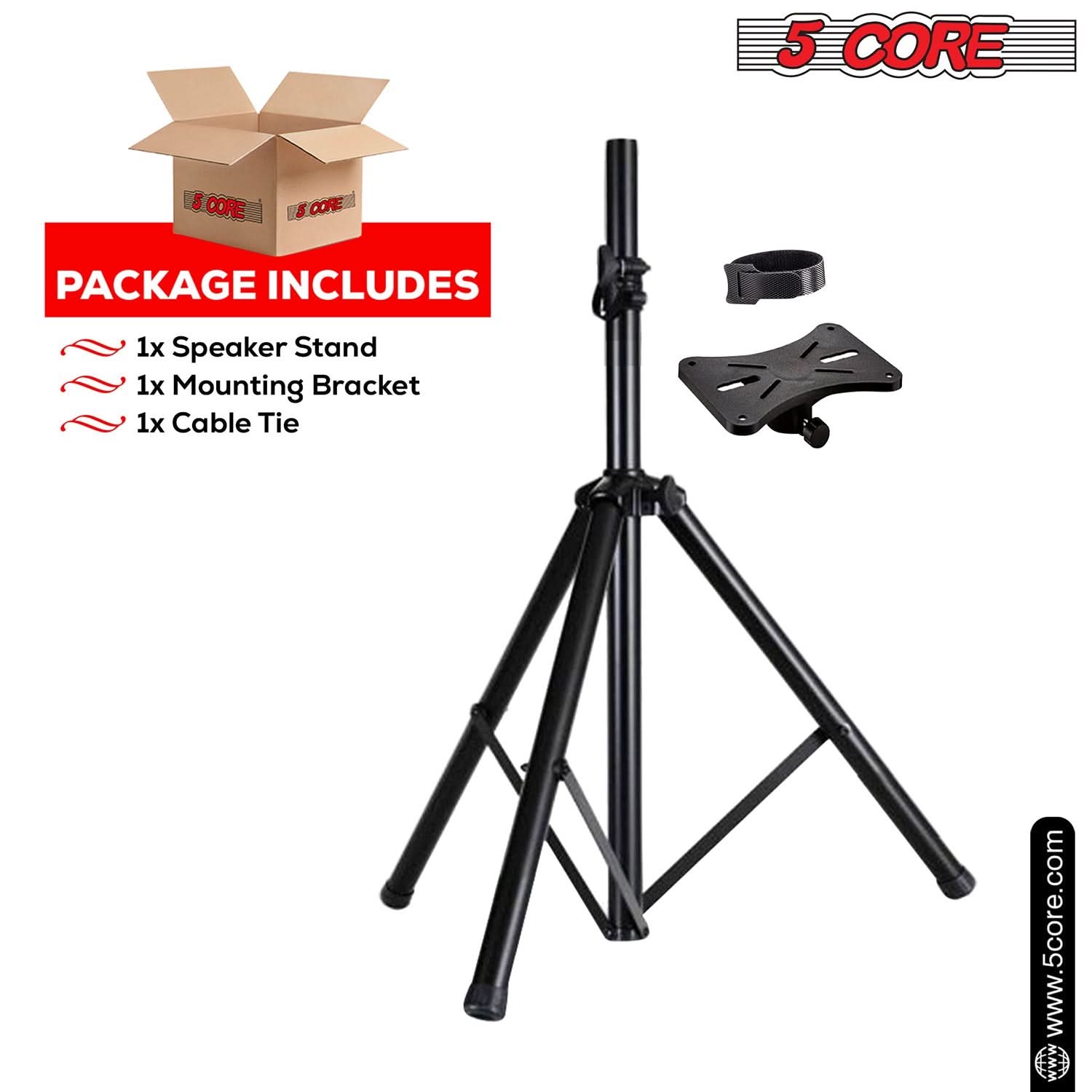 5Core Speaker Stand Tripod, adjustable height from 29 to 60 inches, sturdy metal construction, designed for DJs and studio monitors.