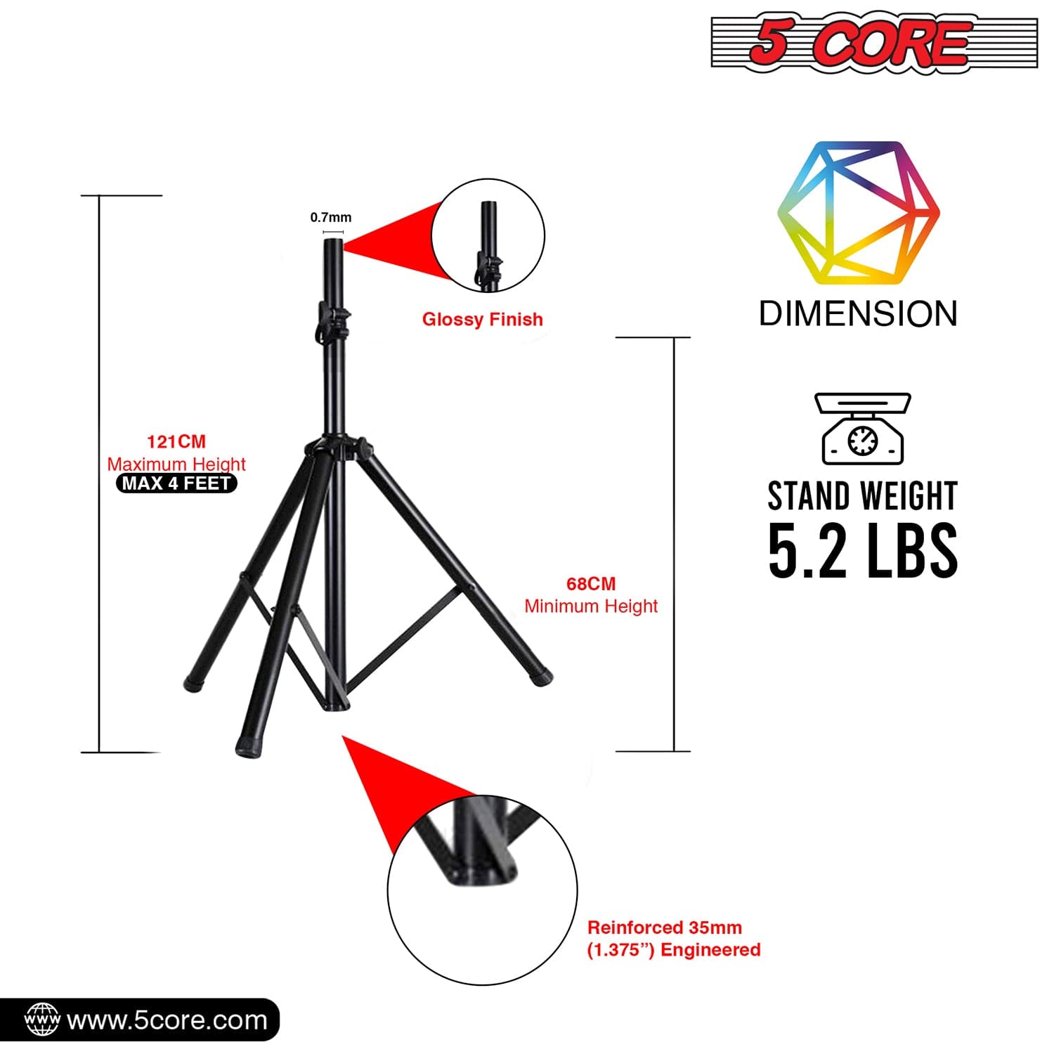5Core Speaker Stand Tripod, adjustable height from 29 to 60 inches, sturdy metal construction, designed for DJs and studio monitors.