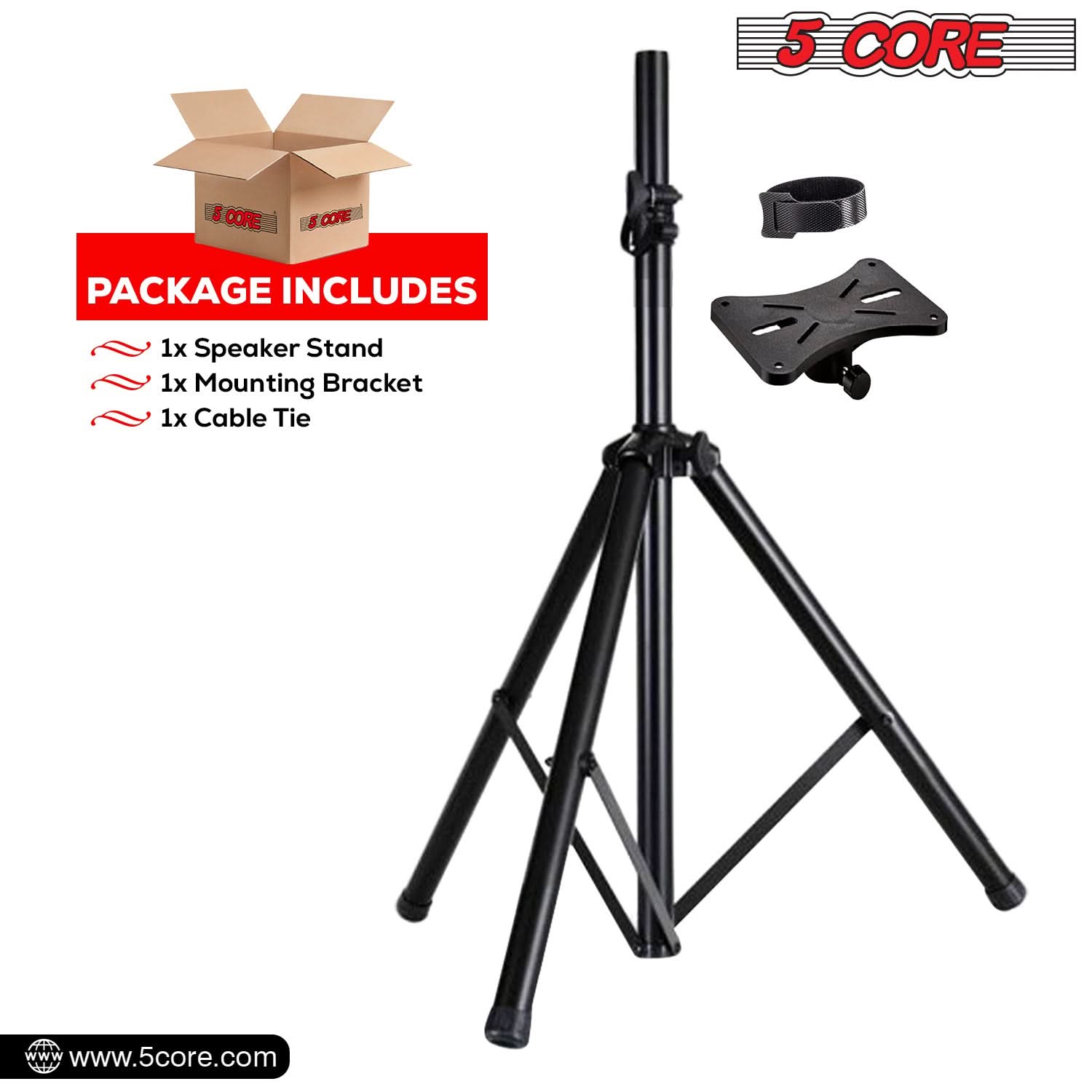 5Core Speaker Stand Tripod, adjustable height from 29 to 60 inches, sturdy metal construction, designed for DJs and studio monitors.
