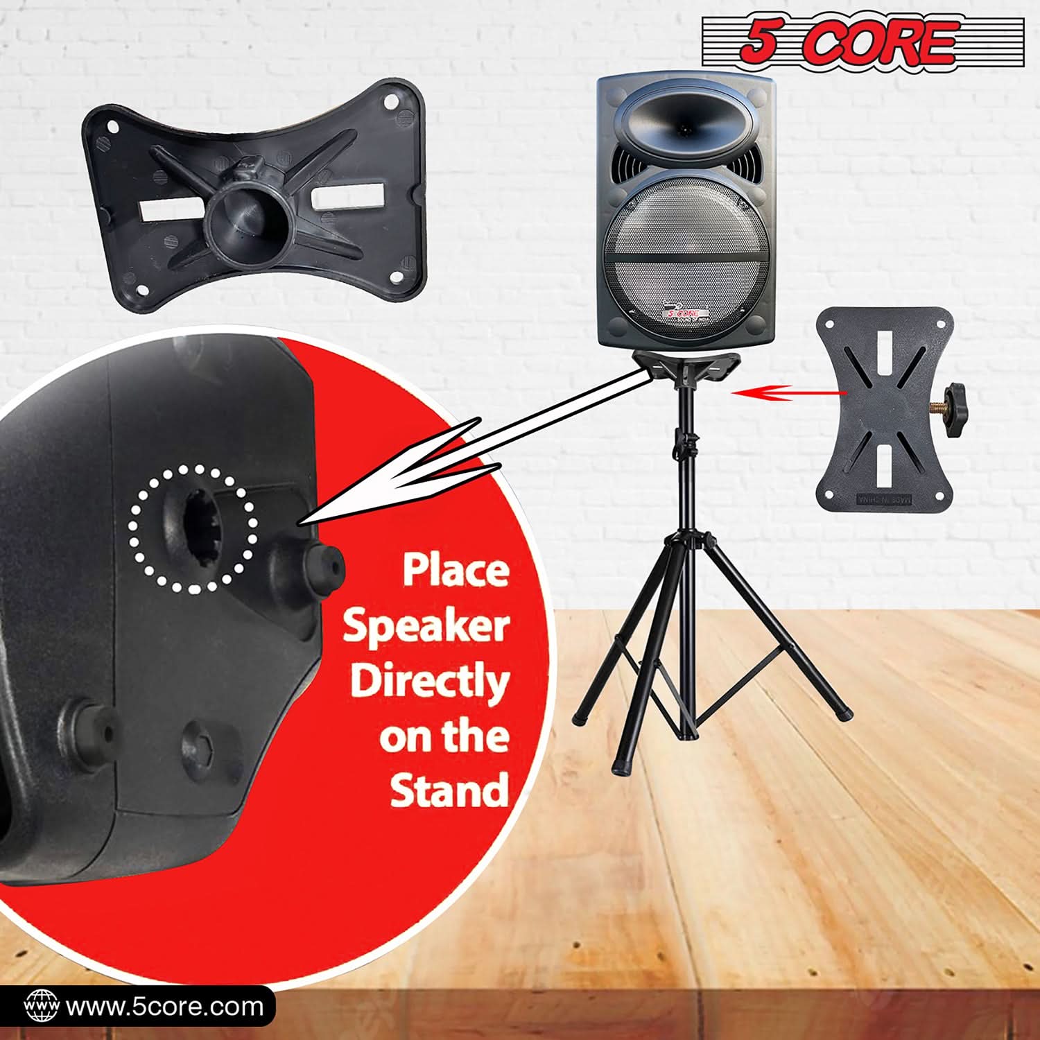 5Core Speaker Stand Tripod, adjustable height from 29 to 60 inches, sturdy metal construction, designed for DJs and studio monitors.