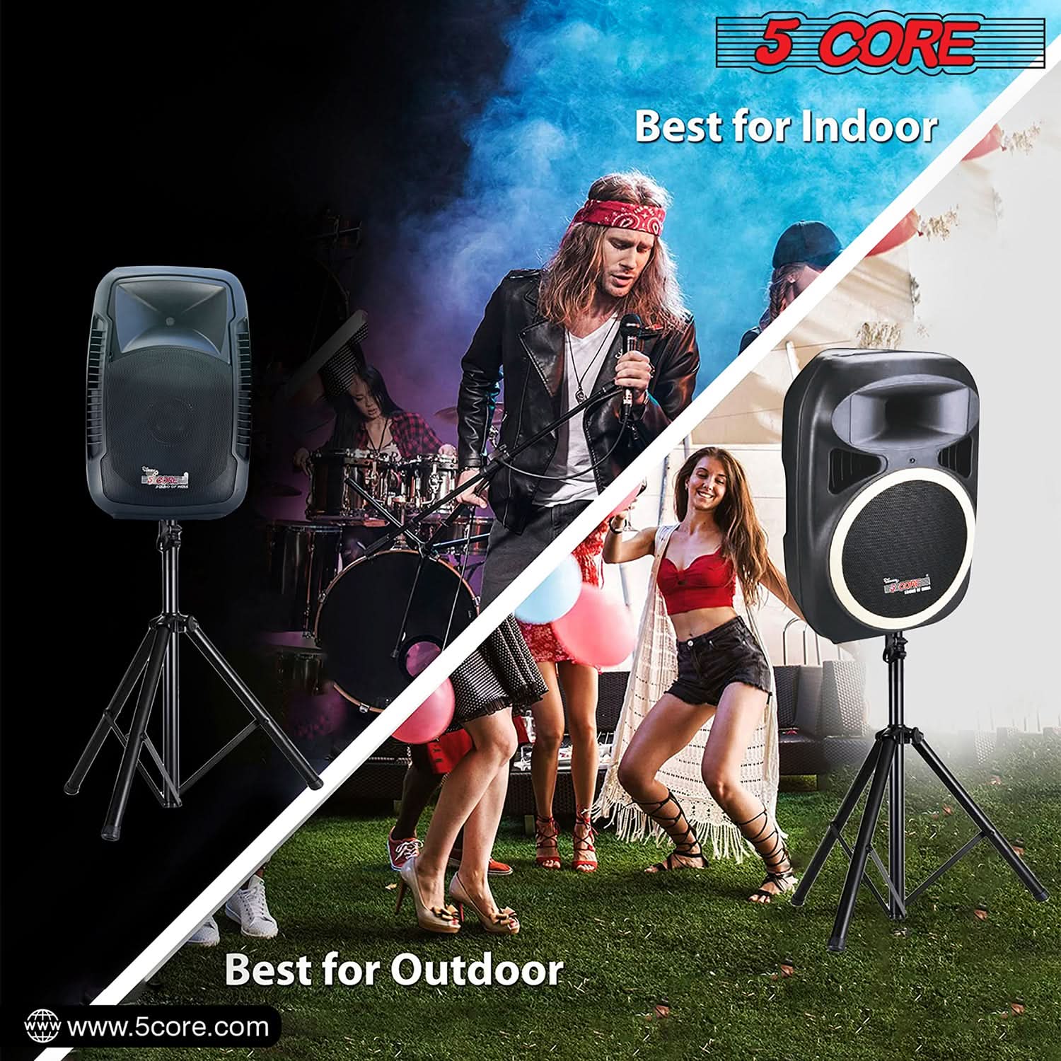 5Core Speaker Stand Tripod, adjustable height from 29 to 60 inches, sturdy metal construction, designed for DJs and studio monitors.