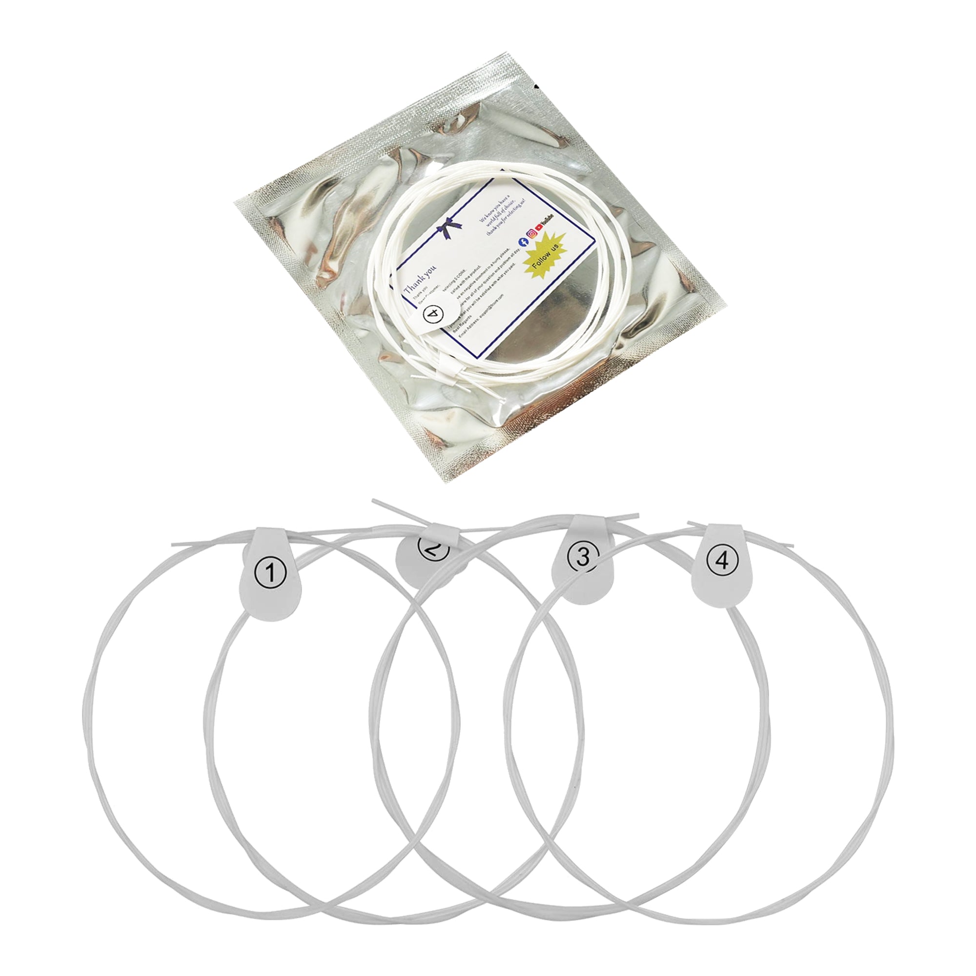 5Core Ukulele Strings displayed on a wooden surface, showcasing their premium nylon material and vibrant packaging.