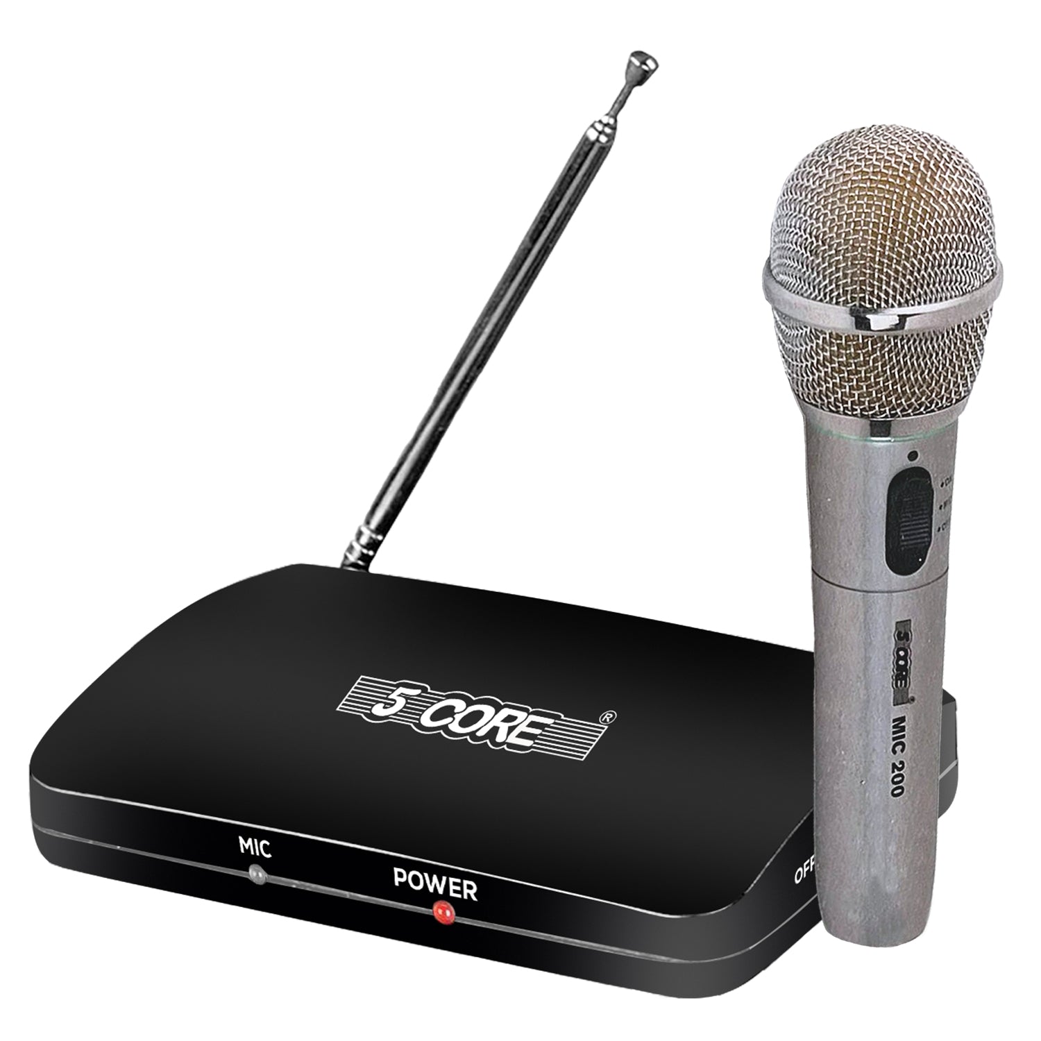 5Core Wireless Microphone with sleek aluminum body and compact design, showcasing its dual-functionality for wired and wireless use.