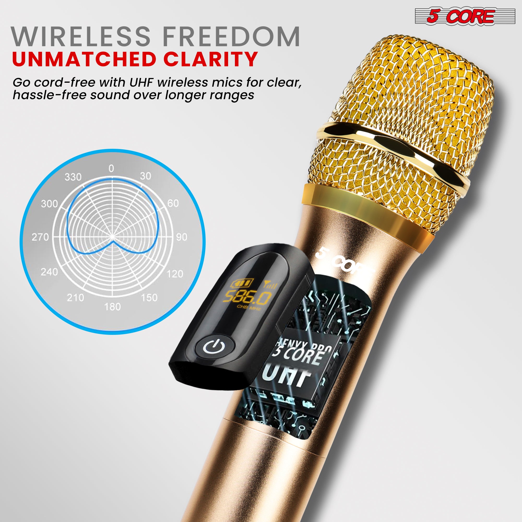 5Core Wireless Microphone Pair showcasing sleek design and functionality, ideal for karaoke and events.