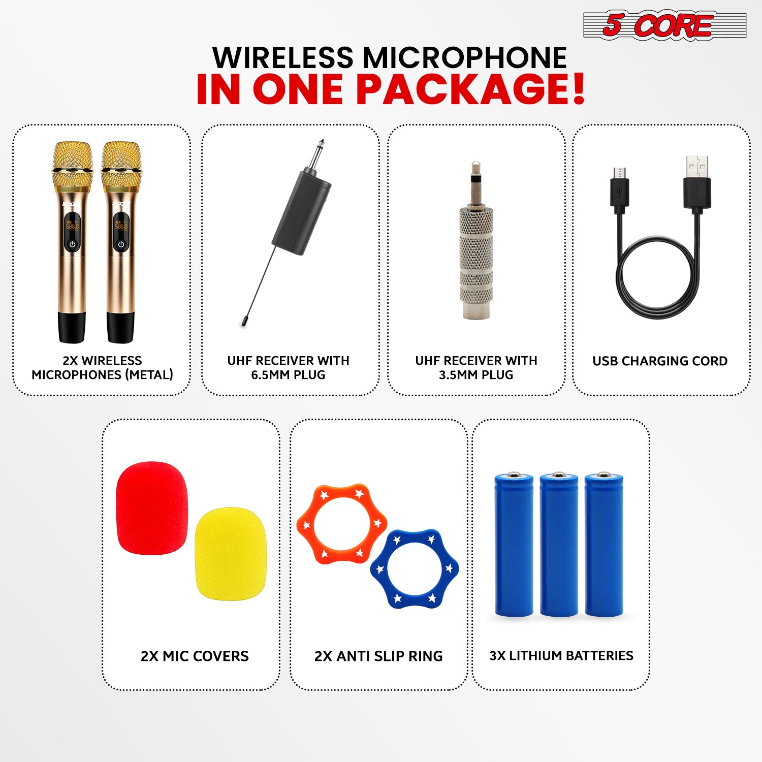 5Core Wireless Microphone Pair showcasing sleek design and functionality, ideal for karaoke and events.