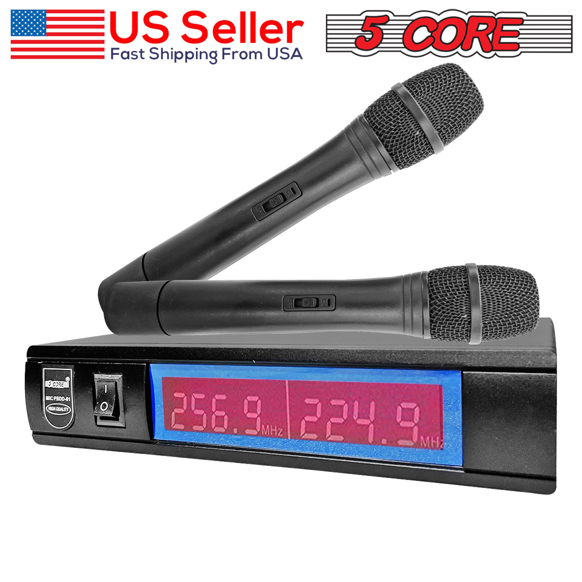 5Core Wireless Microphone VHF system with dual handheld microphones and receiver, designed for high-quality audio performance.