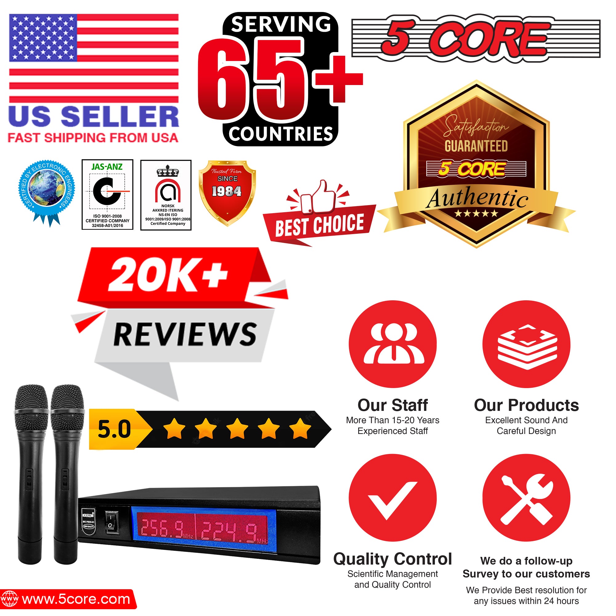 5Core Wireless Microphone VHF system with dual handheld microphones and receiver, designed for high-quality audio performance.