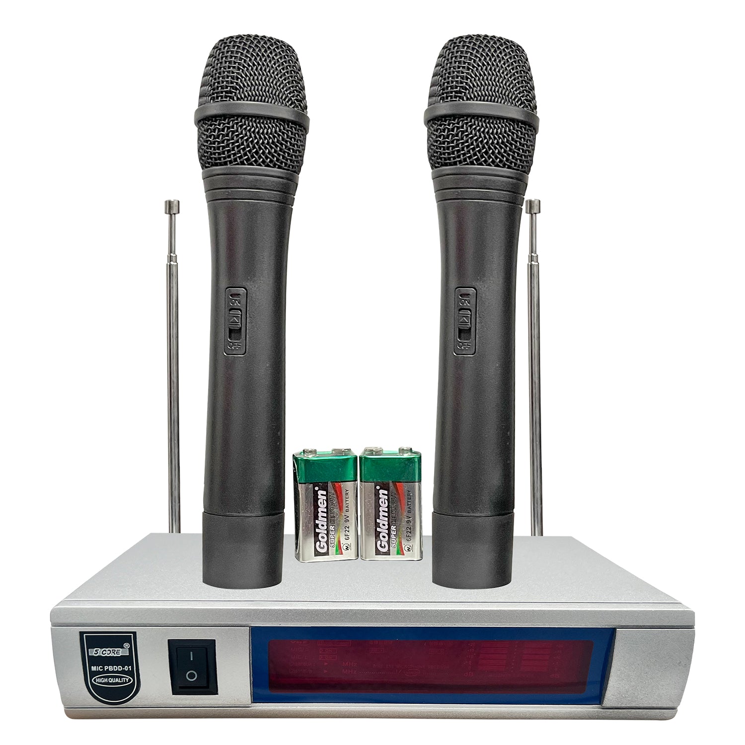 5Core Wireless Microphone VHF system with dual handheld microphones and receiver, designed for high-quality audio performance.