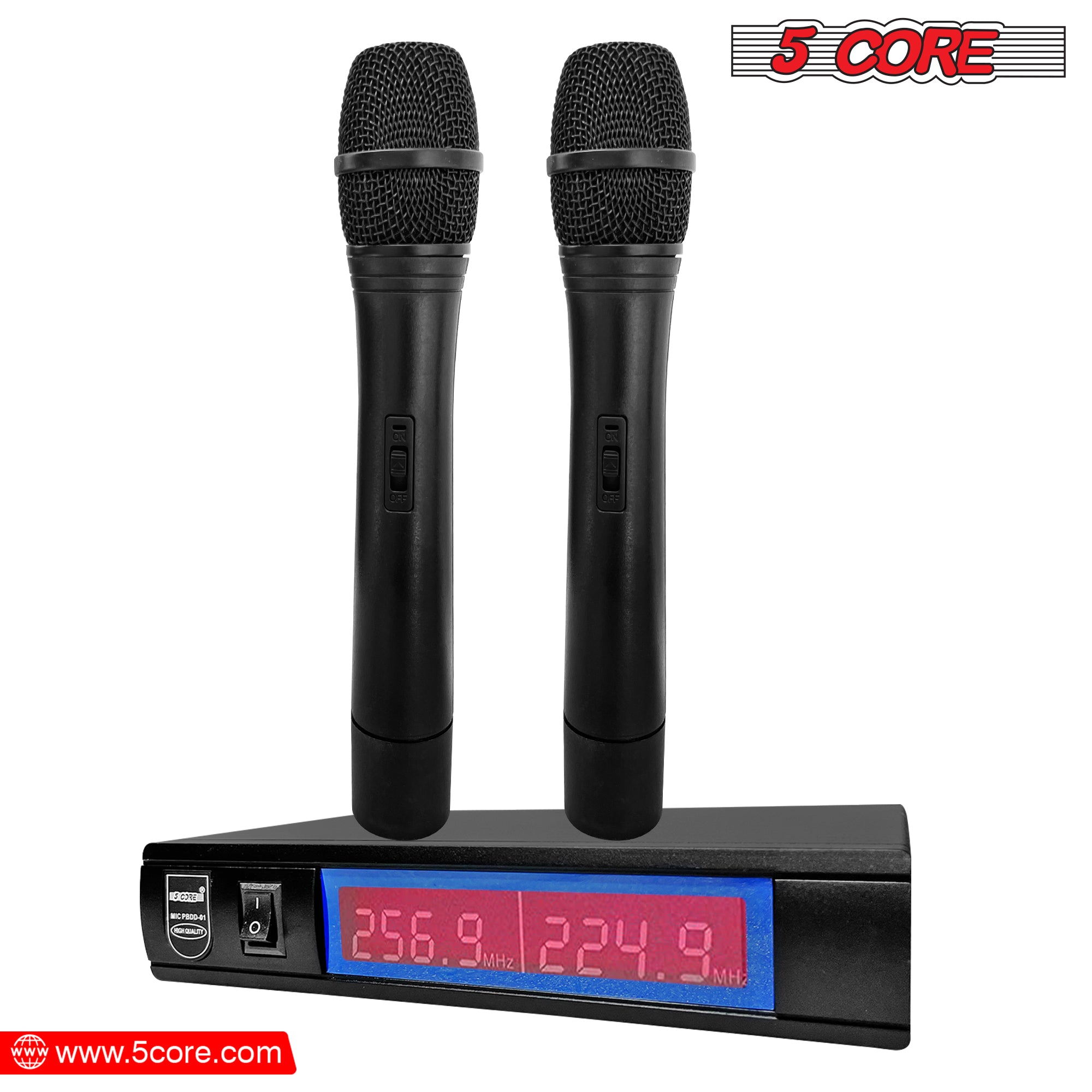 5Core Wireless Microphone VHF system with dual handheld microphones and receiver, designed for high-quality audio performance.