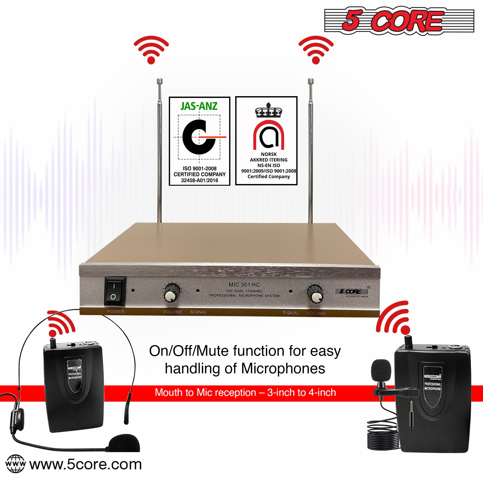 5Core Wireless Microphone System including headset, collar mic, and receiver, showcasing its sleek design and professional quality.