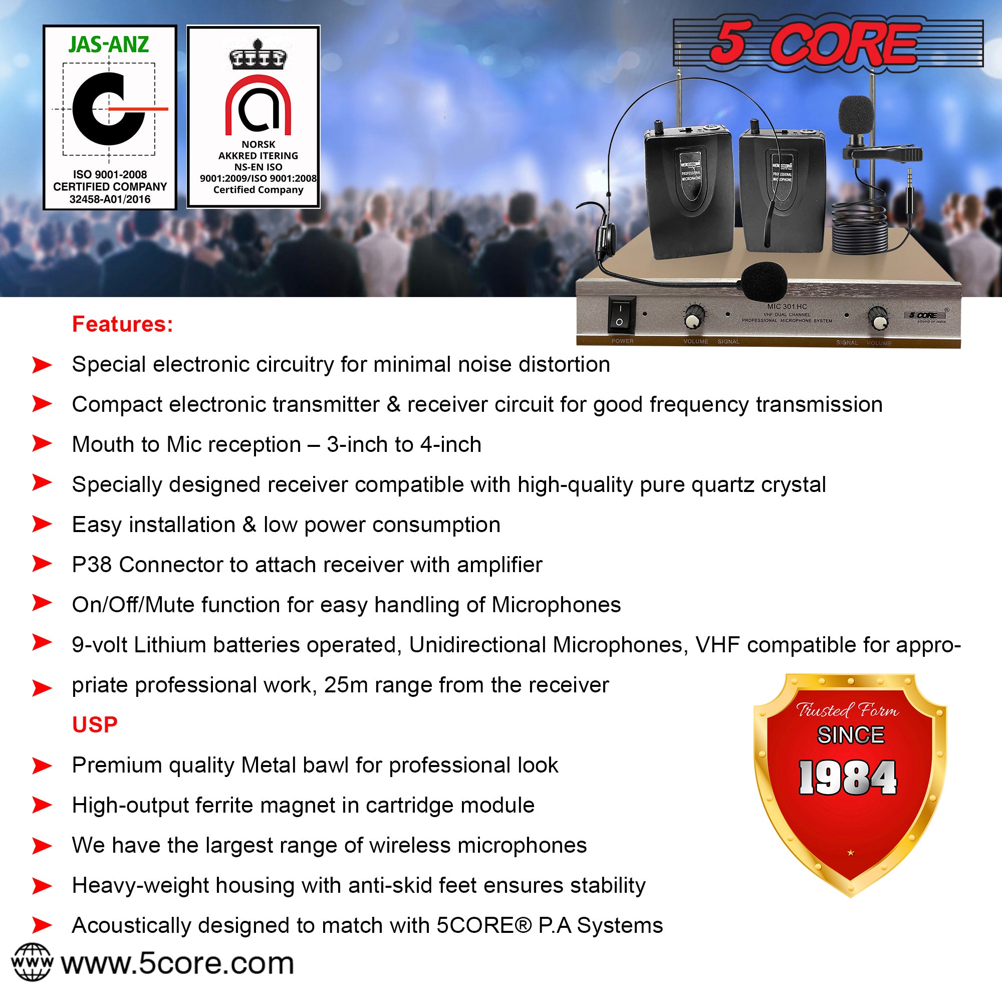 5Core Wireless Microphone System including headset, collar mic, and receiver, showcasing its sleek design and professional quality.