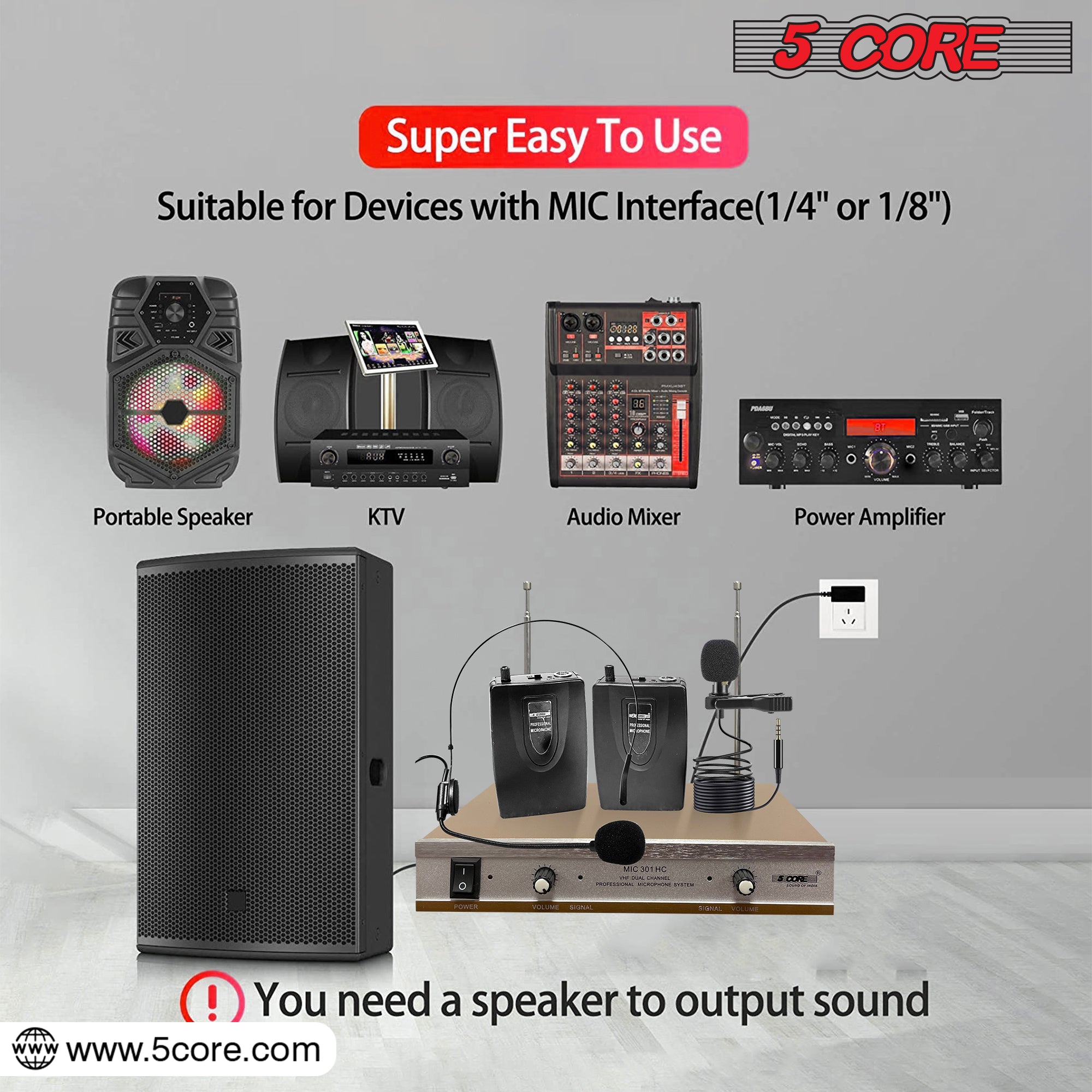 5Core Wireless Microphone System including headset, collar mic, and receiver, showcasing its sleek design and professional quality.