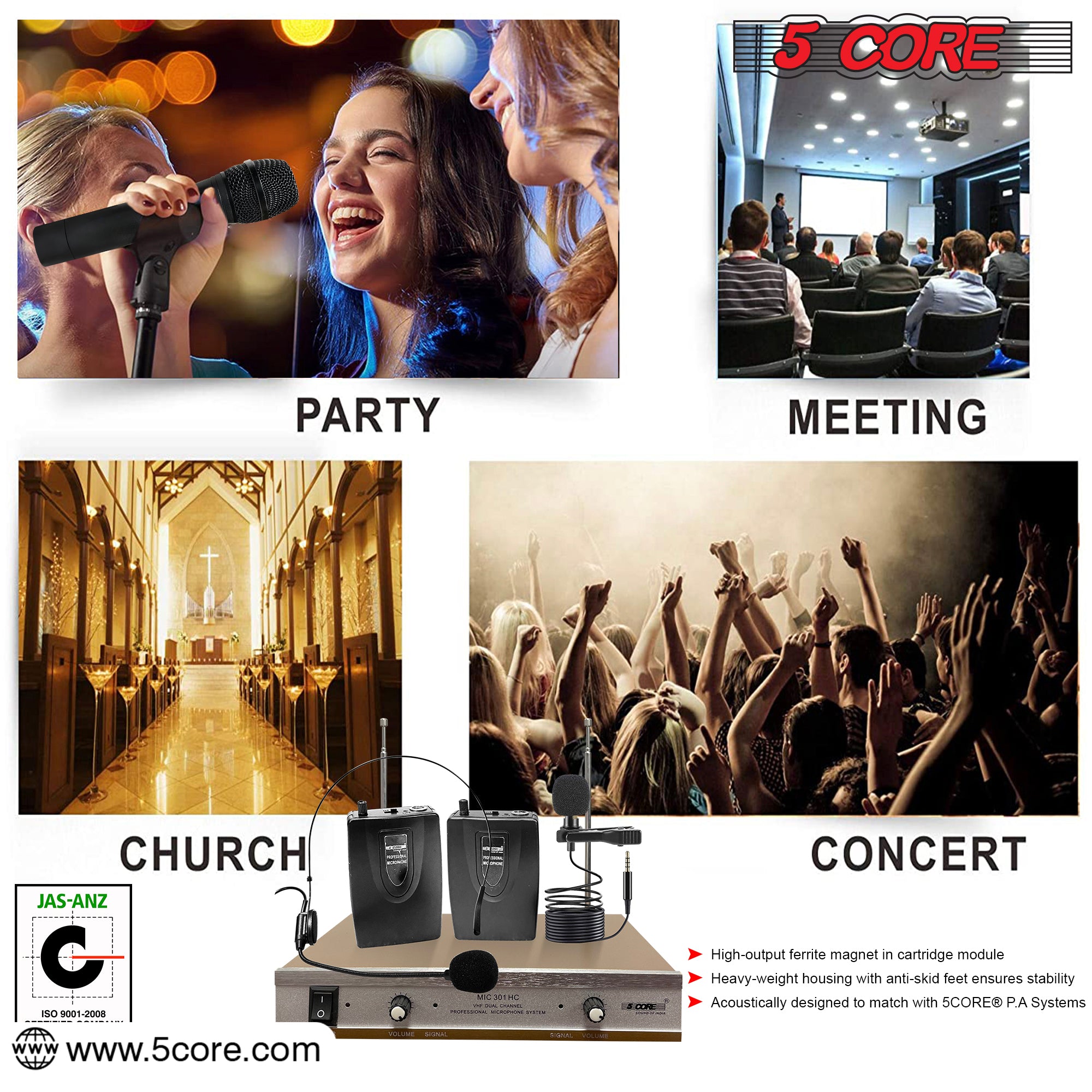 5Core Wireless Microphone System including headset, collar mic, and receiver, showcasing its sleek design and professional quality.