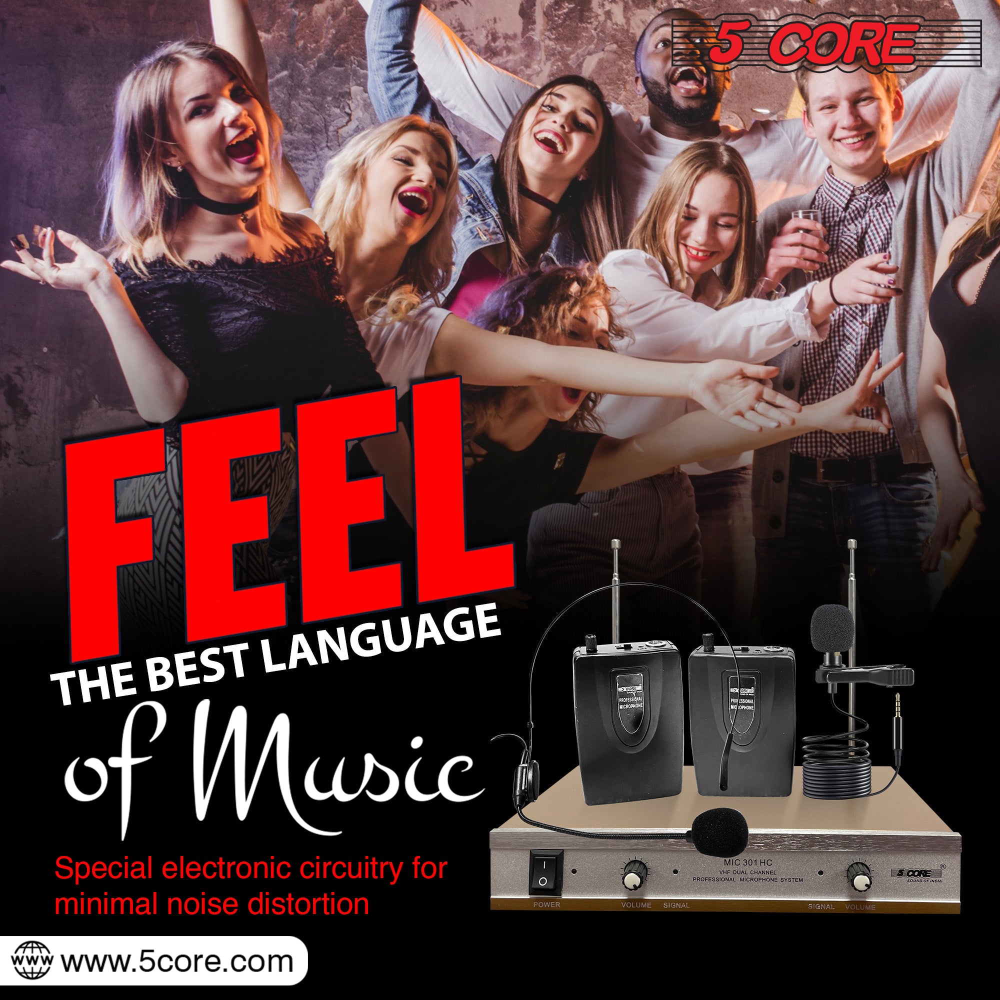 5Core Wireless Microphone System including headset, collar mic, and receiver, showcasing its sleek design and professional quality.