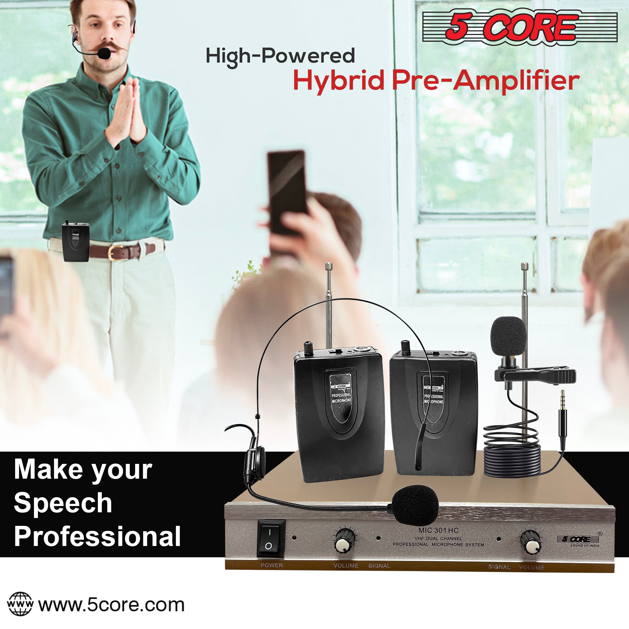 5Core Wireless Microphone System including headset, collar mic, and receiver, showcasing its sleek design and professional quality.