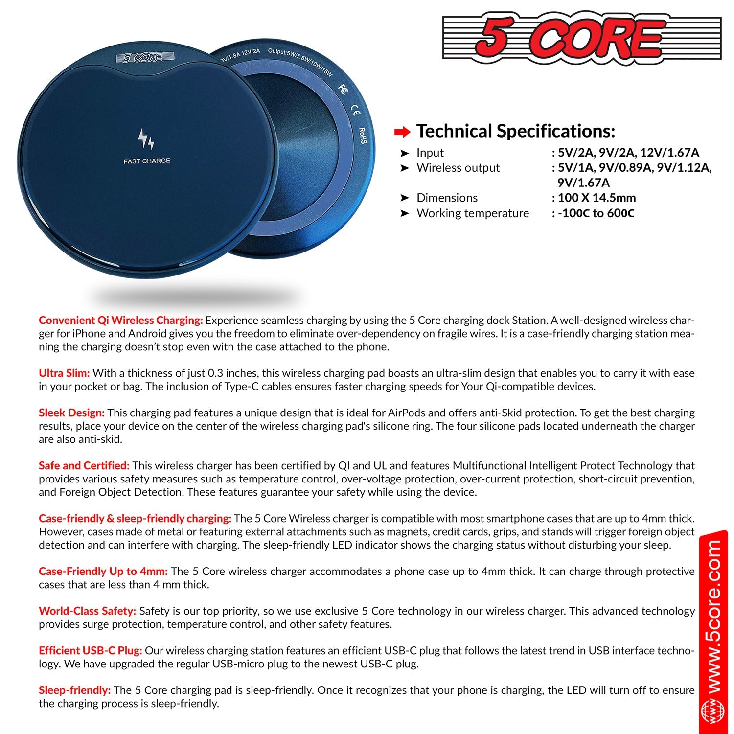 5Core Wireless Phone Charging Pad with sleek design, suitable for Qi-enabled devices, featuring anti-skid protection and LED indicator.