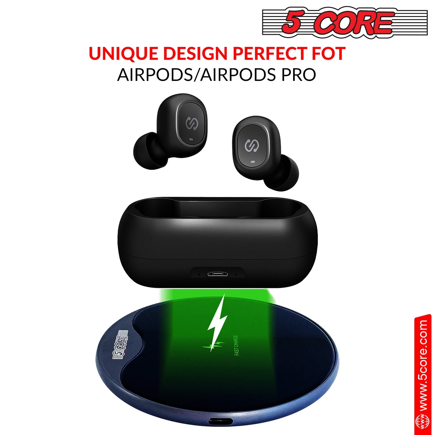 5Core Wireless Phone Charging Pad with sleek design, suitable for Qi-enabled devices, featuring anti-skid protection and LED indicator.