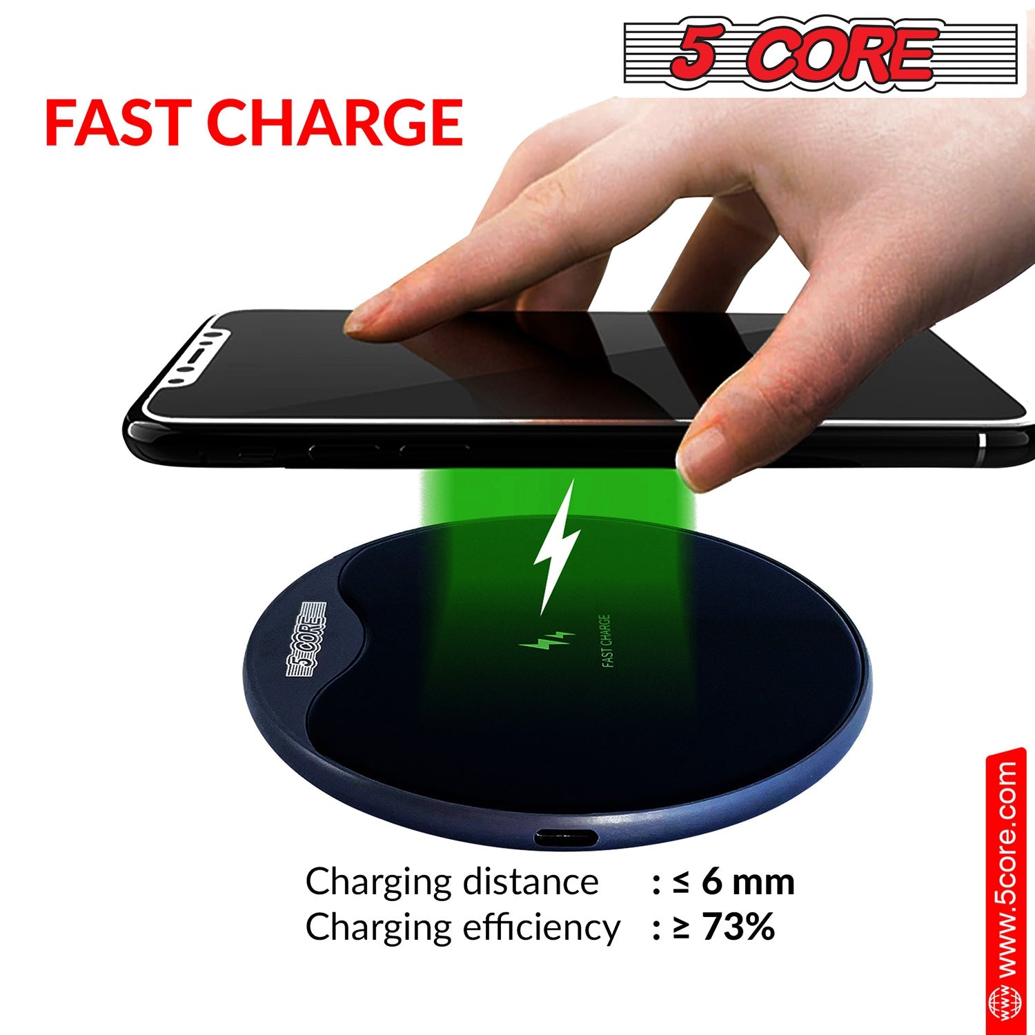 5Core Wireless Phone Charging Pad with sleek design, suitable for Qi-enabled devices, featuring anti-skid protection and LED indicator.