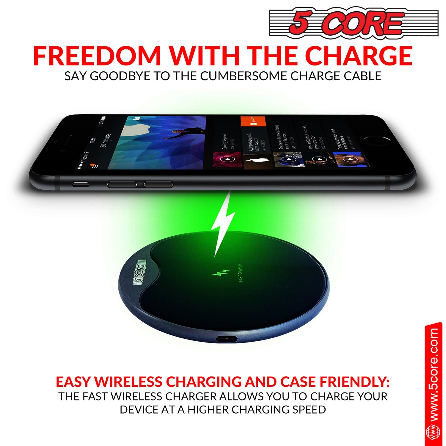 5Core Wireless Phone Charging Pad with sleek design, suitable for Qi-enabled devices, featuring anti-skid protection and LED indicator.