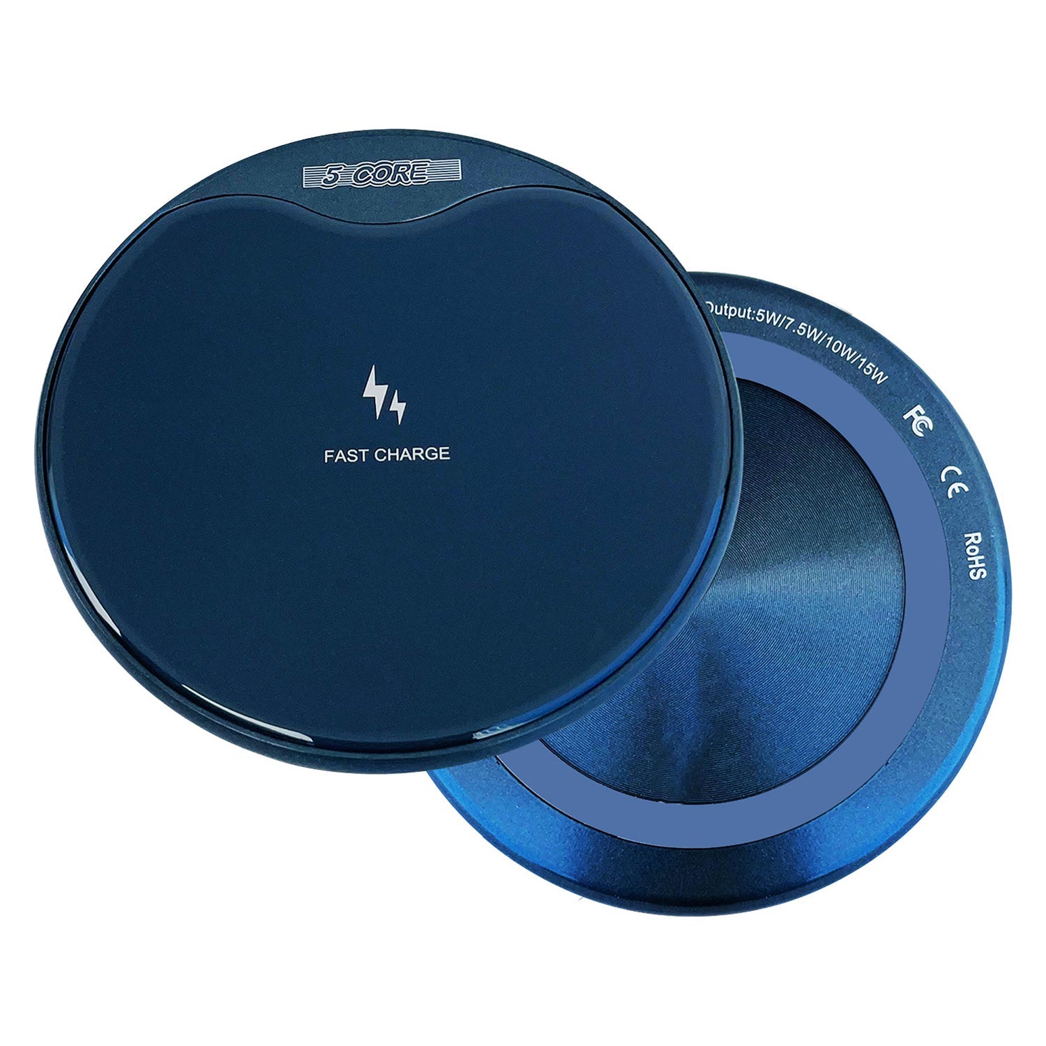 5Core Wireless Phone Charging Pad with sleek design, suitable for Qi-enabled devices, featuring anti-skid protection and LED indicator.