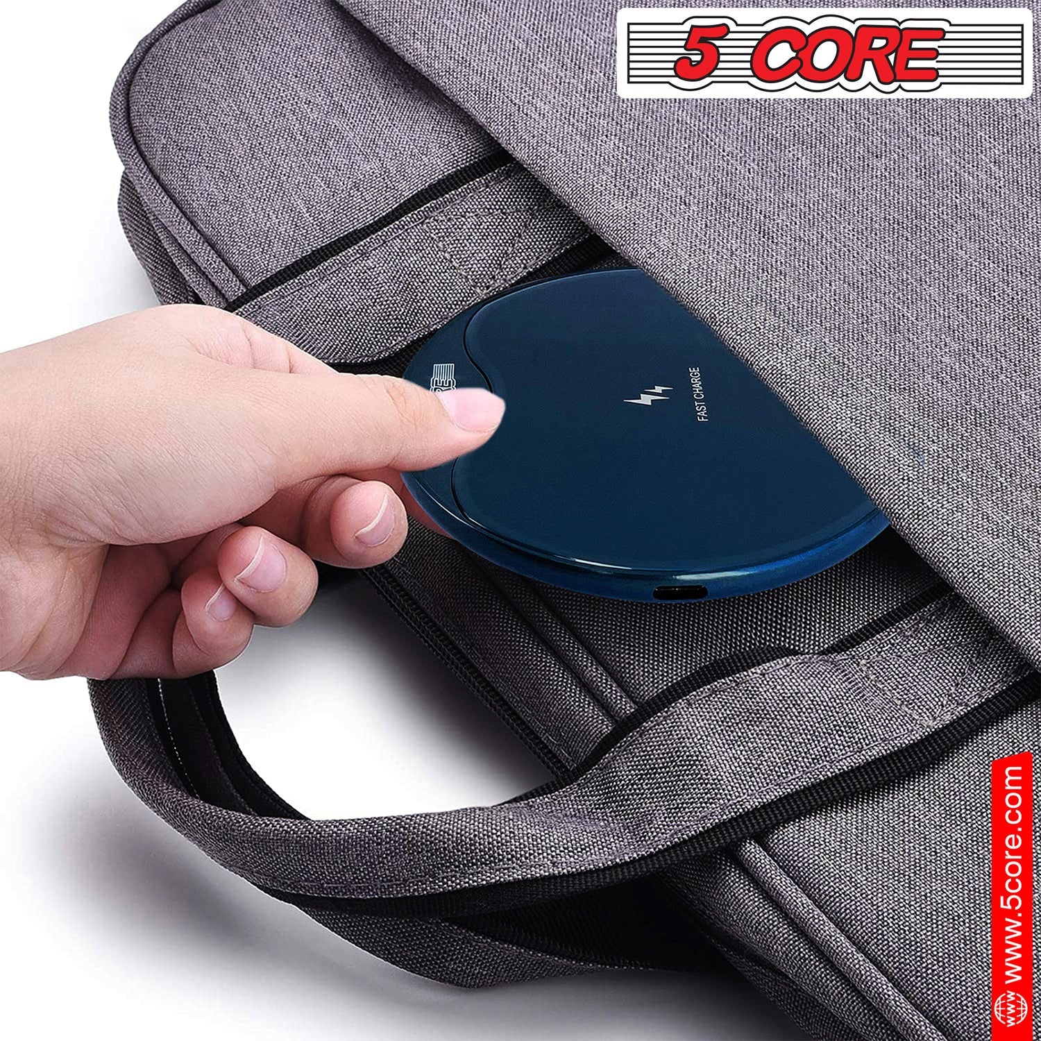 5Core Wireless Phone Charging Pad with sleek design, suitable for Qi-enabled devices, featuring anti-skid protection and LED indicator.