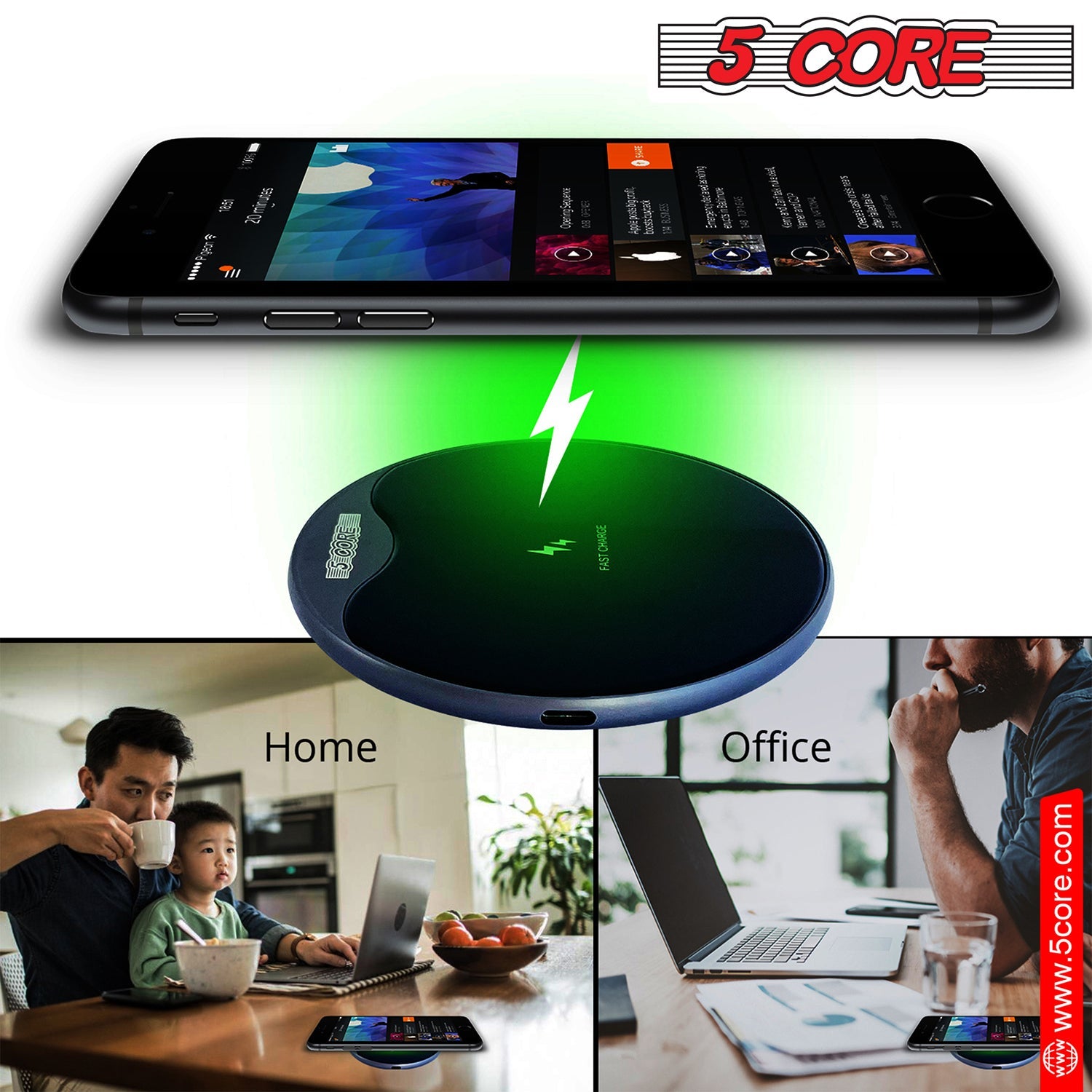 5Core Wireless Phone Charging Pad with sleek design, suitable for Qi-enabled devices, featuring anti-skid protection and LED indicator.