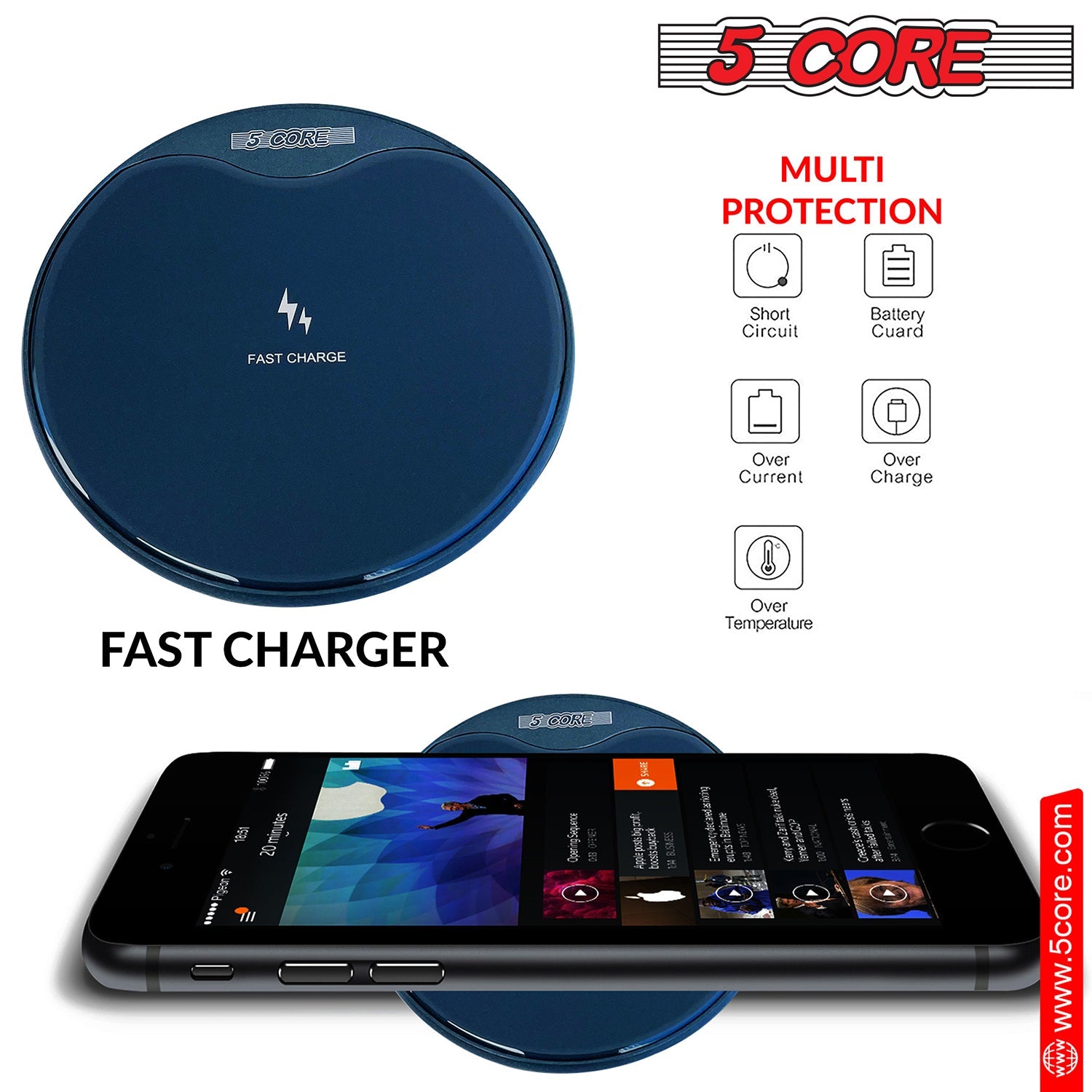 5Core Wireless Phone Charging Pad with sleek design, suitable for Qi-enabled devices, featuring anti-skid protection and LED indicator.