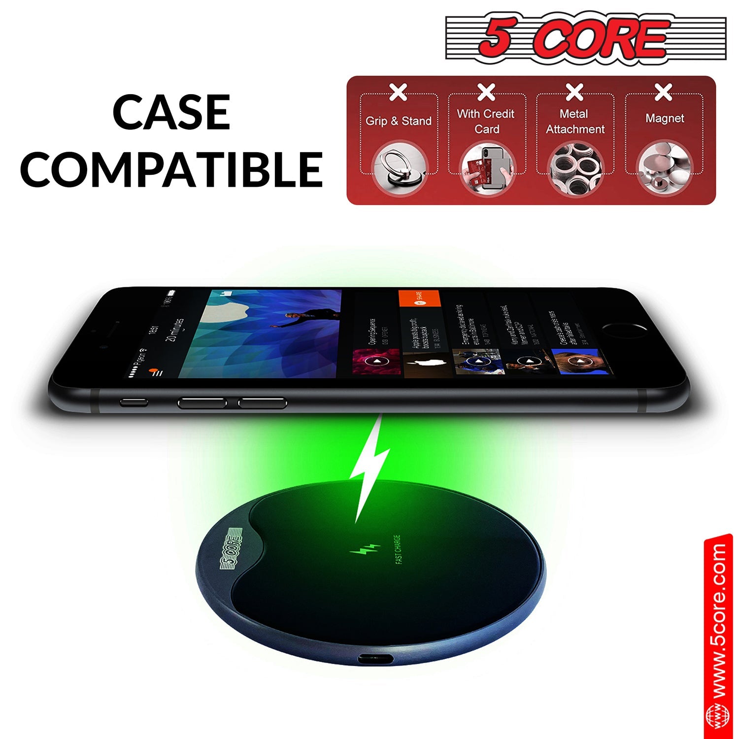 5Core Wireless Phone Charging Pad with sleek design, suitable for Qi-enabled devices, featuring anti-skid protection and LED indicator.