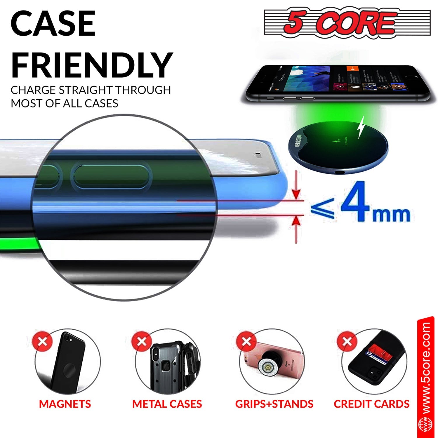 5Core Wireless Phone Charging Pad with sleek design, suitable for Qi-enabled devices, featuring anti-skid protection and LED indicator.