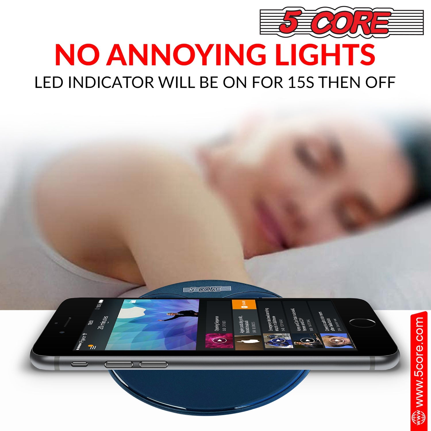 5Core Wireless Phone Charging Pad with sleek design, suitable for Qi-enabled devices, featuring anti-skid protection and LED indicator.