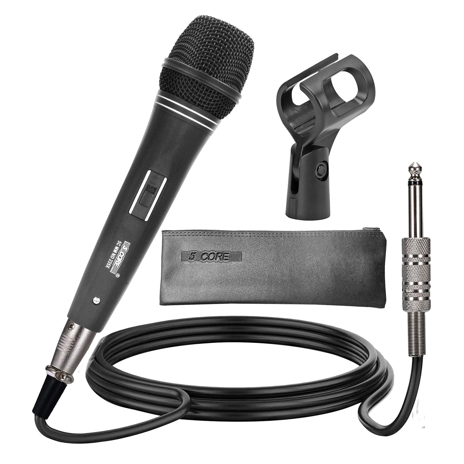 5Core XLR Dynamic Microphone with XLR cable and accessories, ideal for karaoke and studio use.