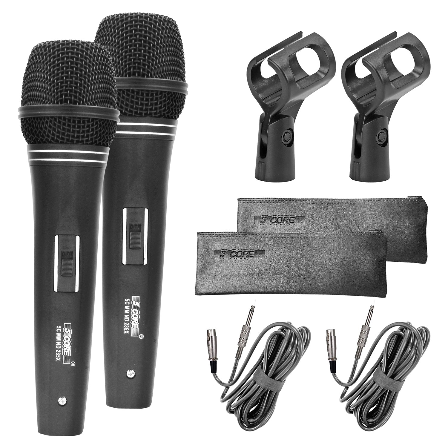 5Core XLR Dynamic Microphone with XLR cable and accessories, ideal for karaoke and studio use.