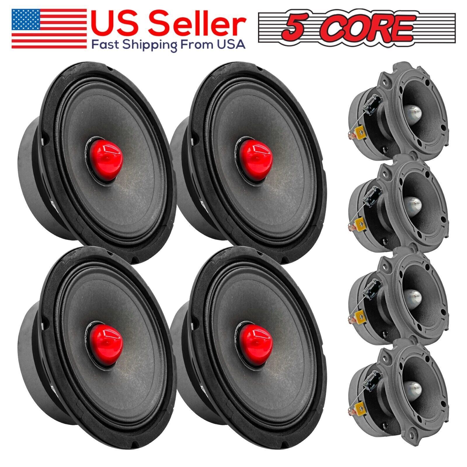 5Core 8 inch car speakers and tweeters combo showcasing sleek design and robust build for enhanced audio performance.